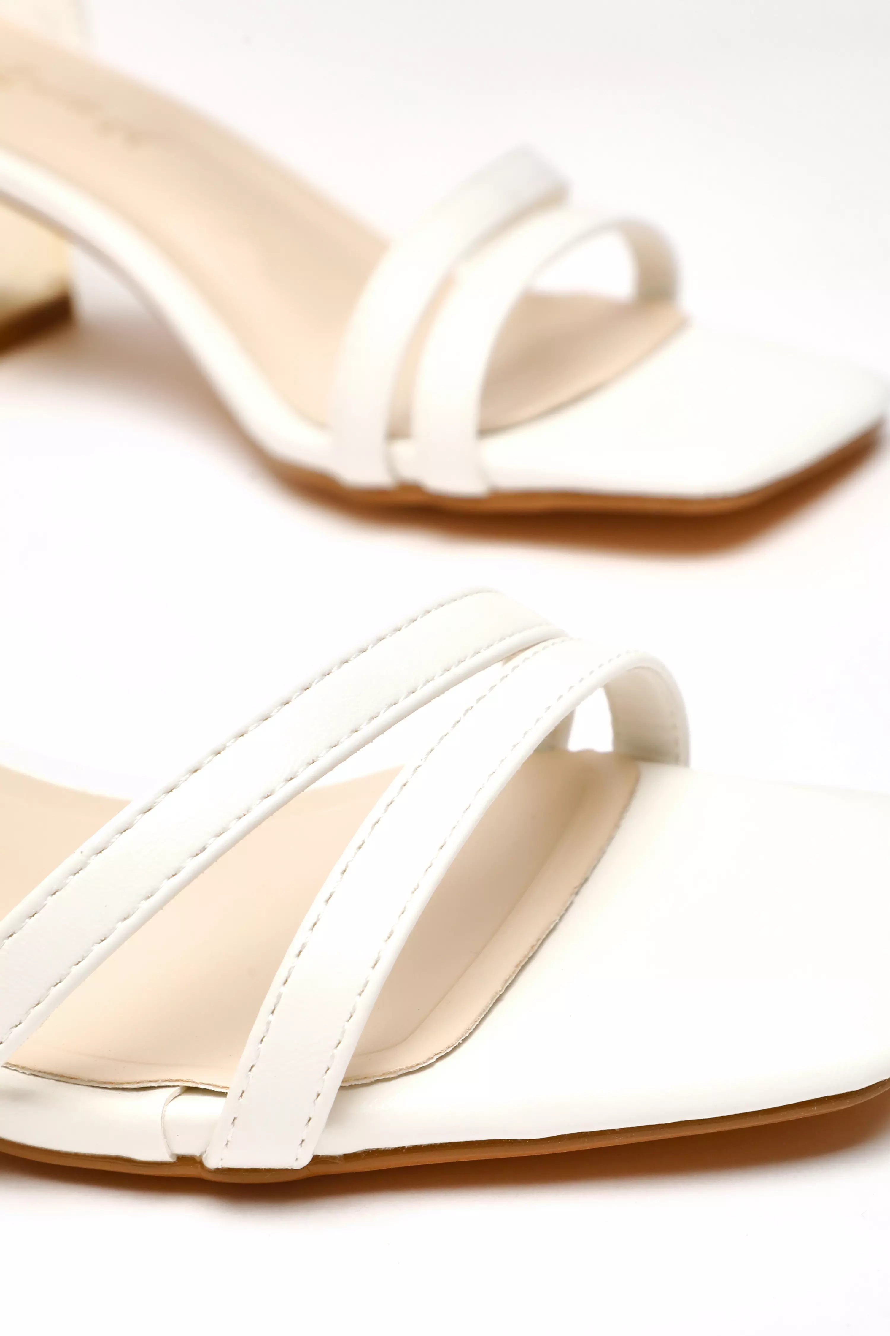 Wide Fit White Faux Leather Strappy Low Block Heeled Sandals