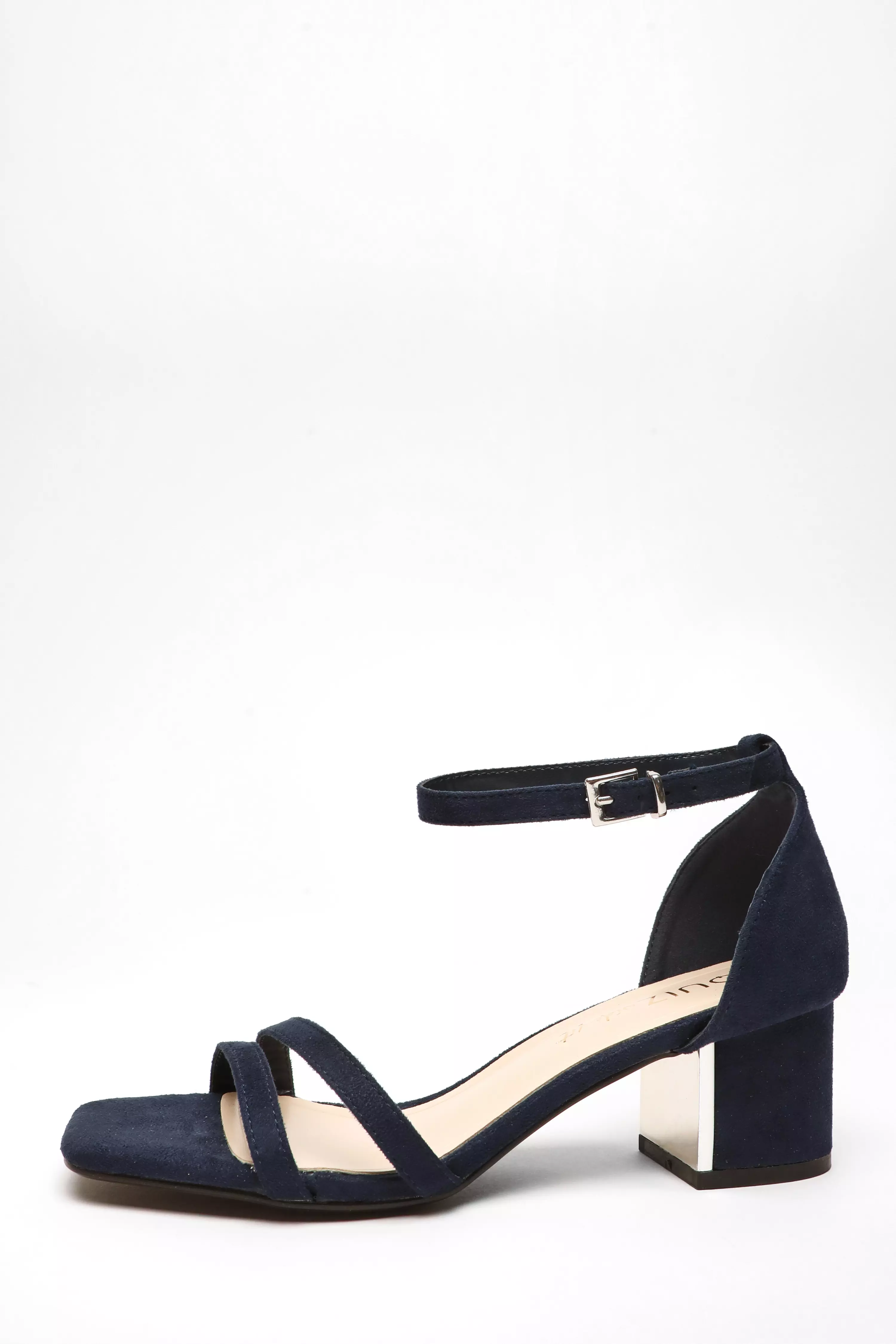 Wide Fit Navy Faux Suede Strappy Low Block Heeled Sandals