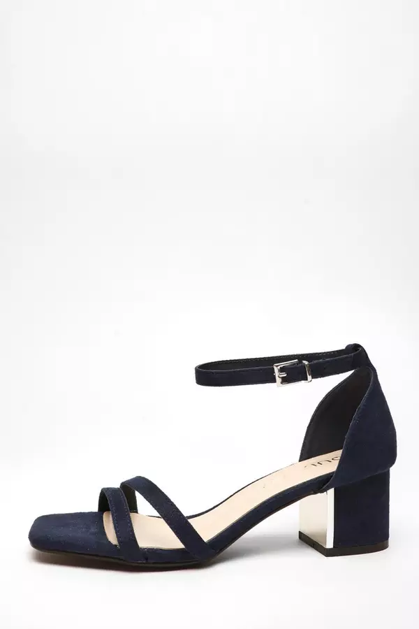 Wide Fit Navy Faux Suede Strappy Low Block Heeled Sandals