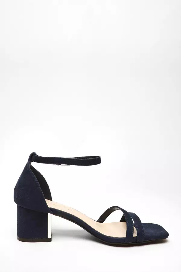 Wide Fit Navy Faux Suede Strappy Low Block Heeled Sandals