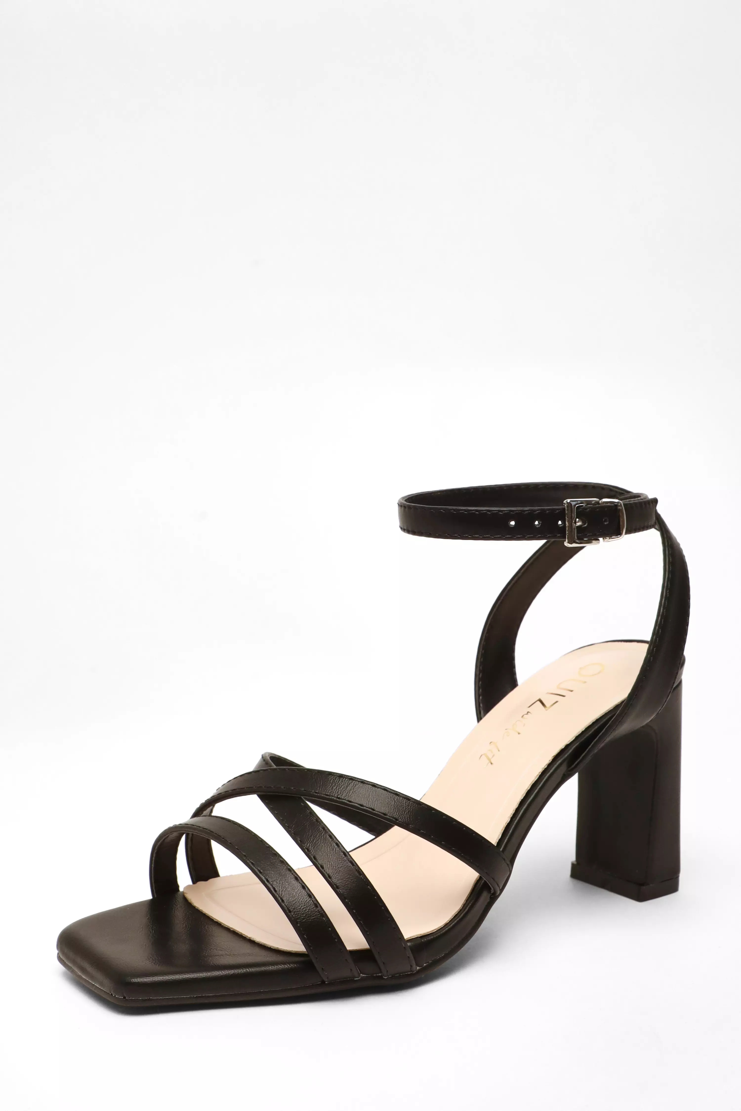 Wide Fit Black Faux Leather Strappy Heeled Sandals