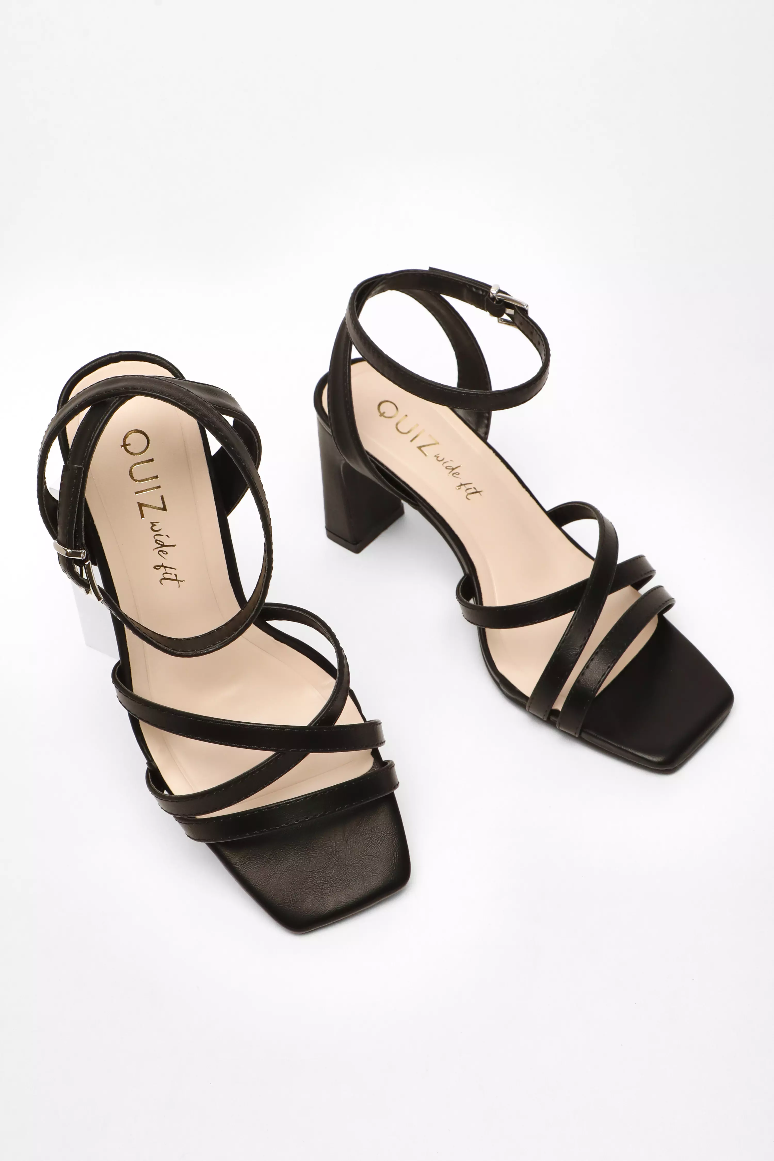 Wide Fit Black Faux Leather Strappy Heeled Sandals