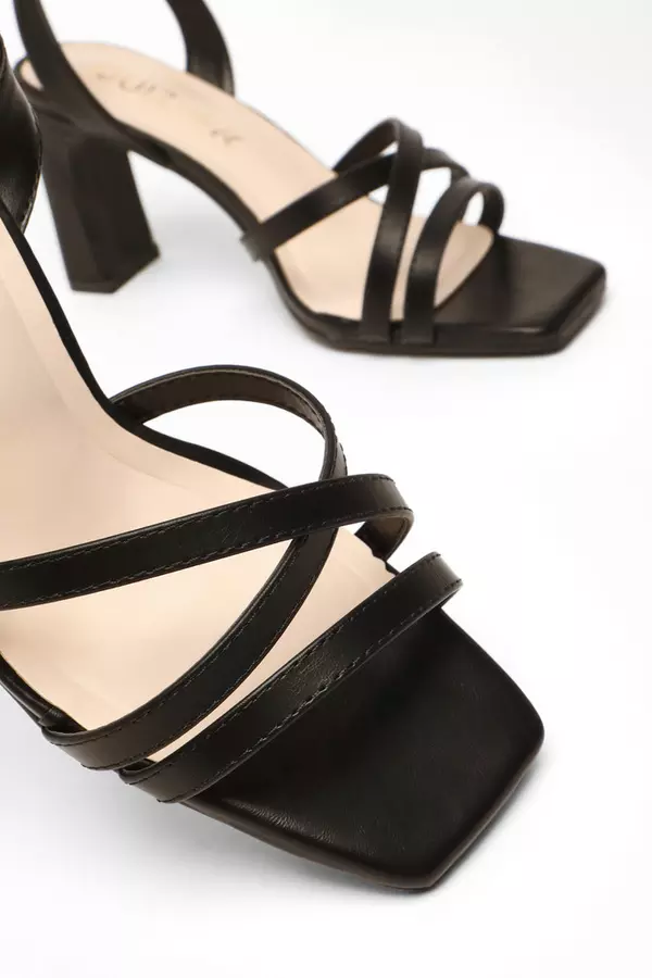 Wide Fit Black Faux Leather Strappy Heeled Sandals
