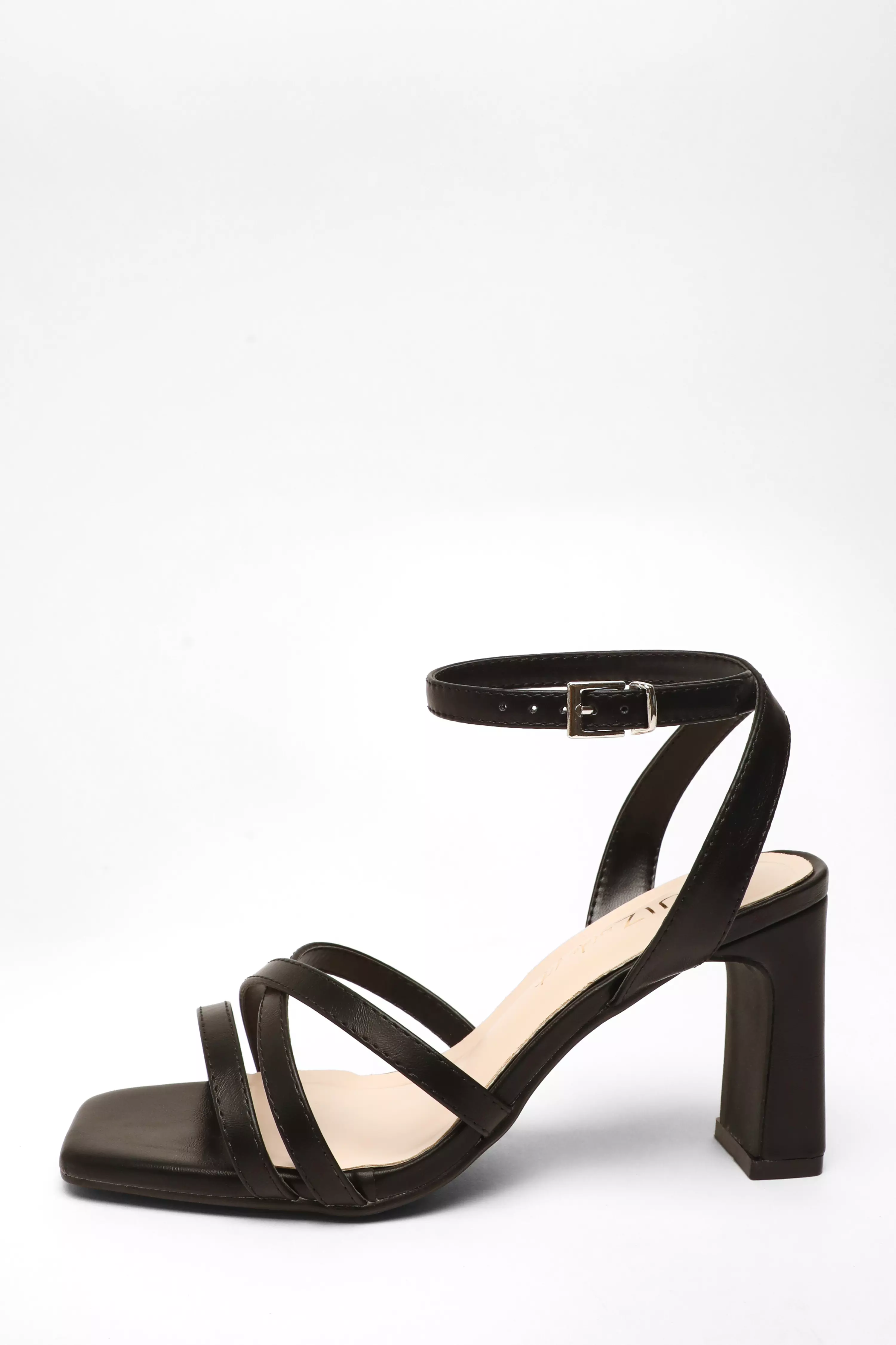 Wide Fit Black Faux Leather Strappy Heeled Sandals