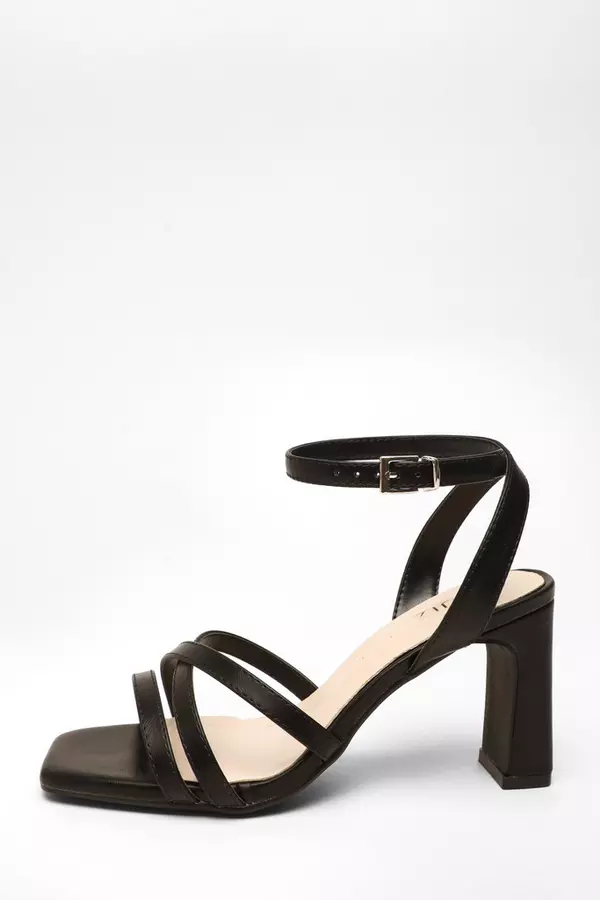 Wide Fit Black Faux Leather Strappy Heeled Sandals