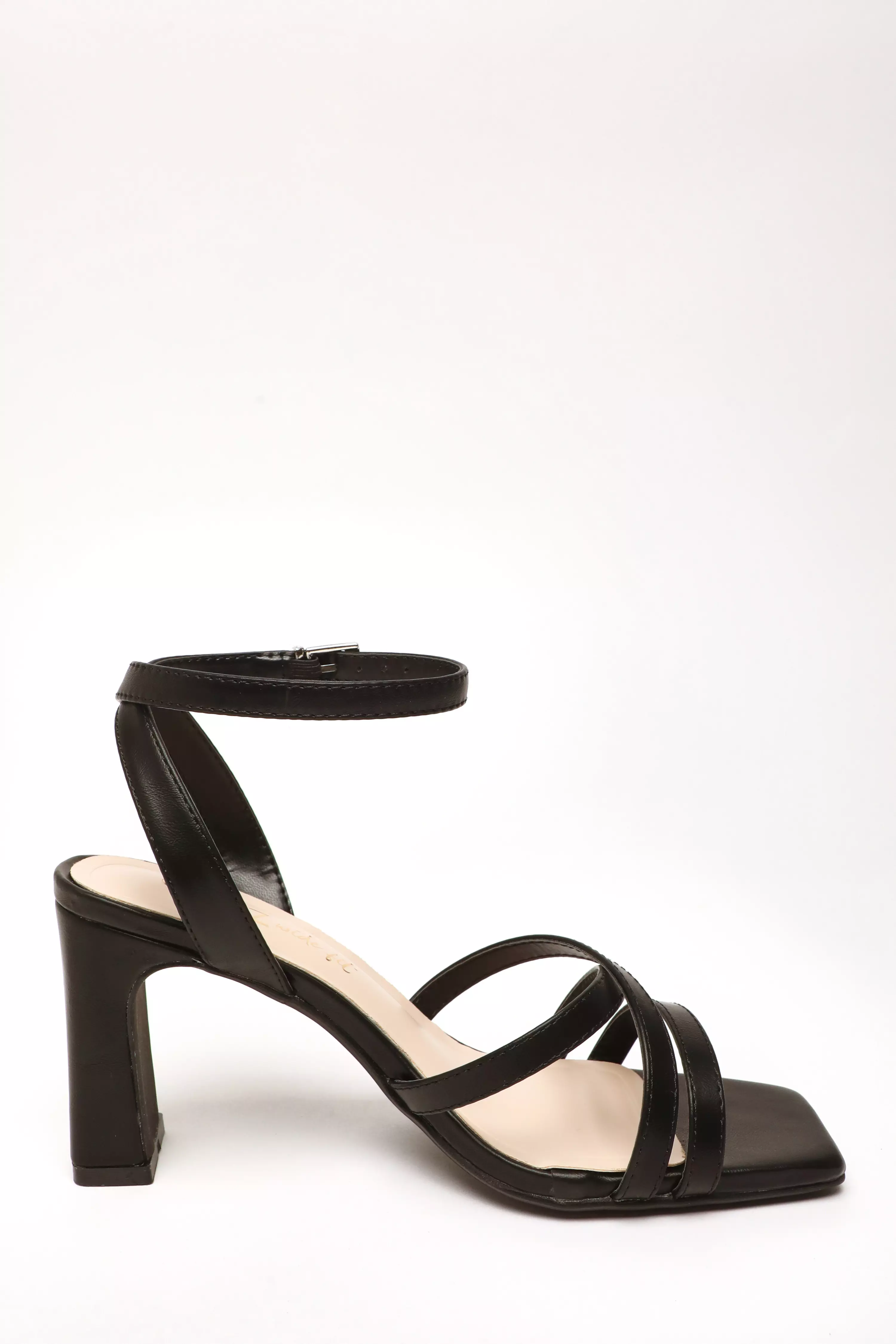 Wide Fit Black Faux Leather Strappy Heeled Sandals