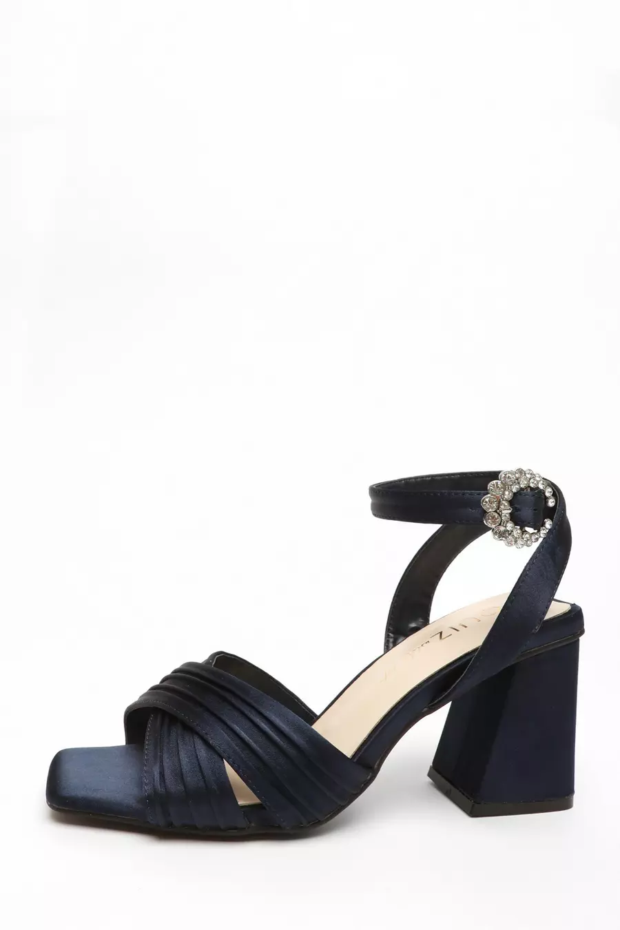 Wide Fit Navy Satin Pleated Block Heel Sandals QUIZ Clothing