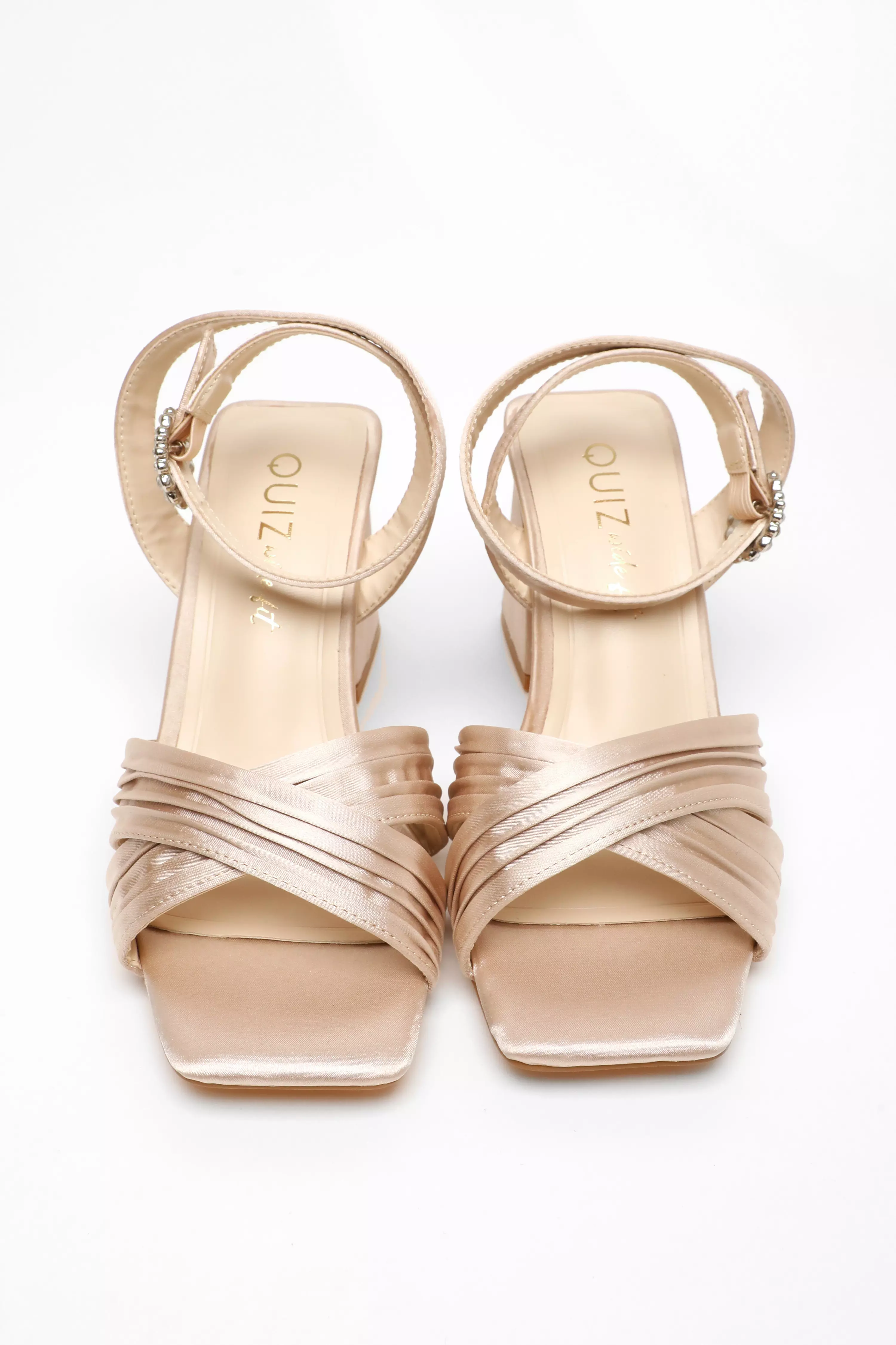 Wide Fit Champagne Satin Pleated Block Heel Sandal