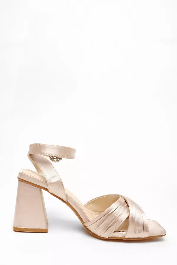 Wide Fit Champagne Satin Pleated Block Heel Sandal