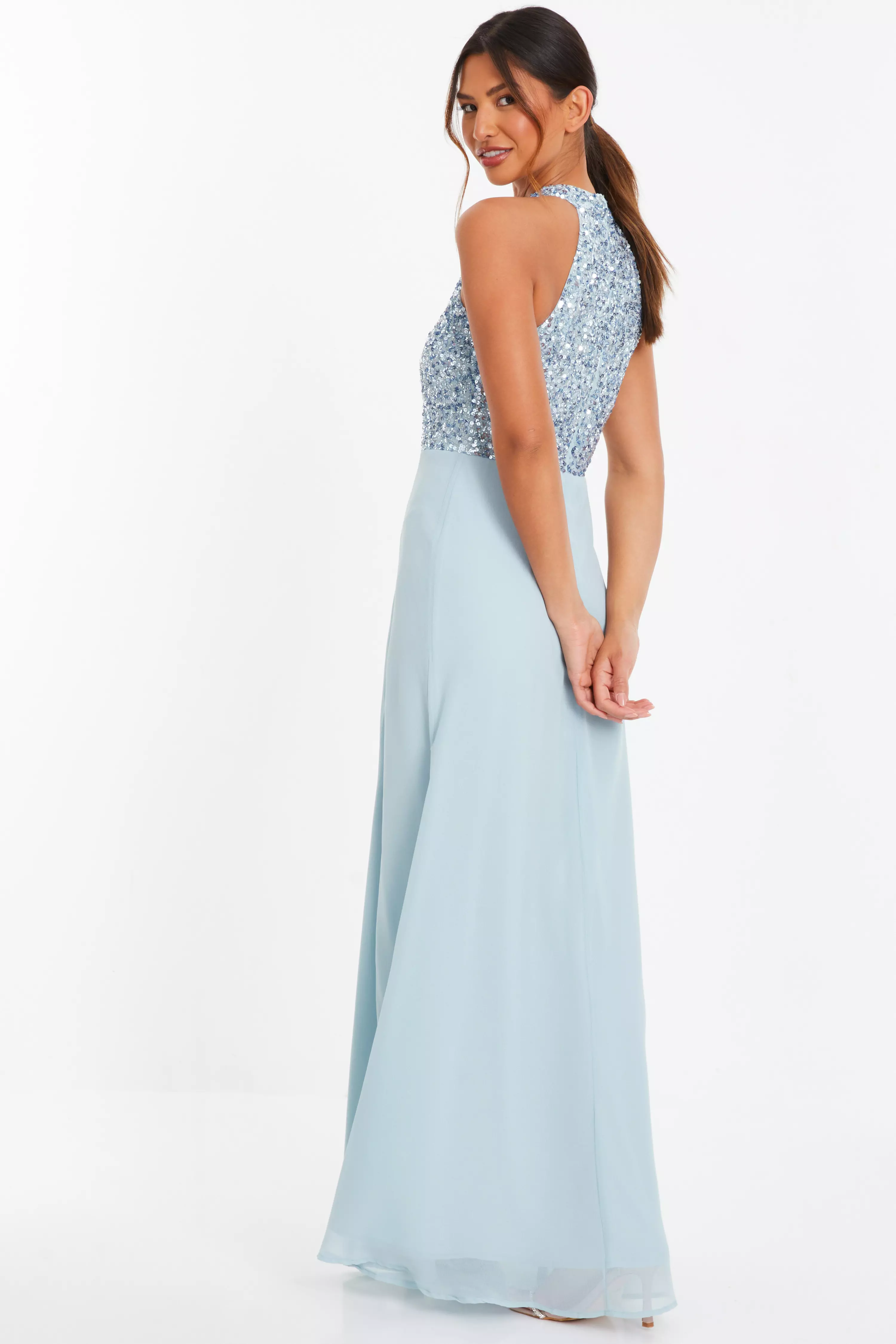 Light Blue Embellished Chiffon Maxi Dress 