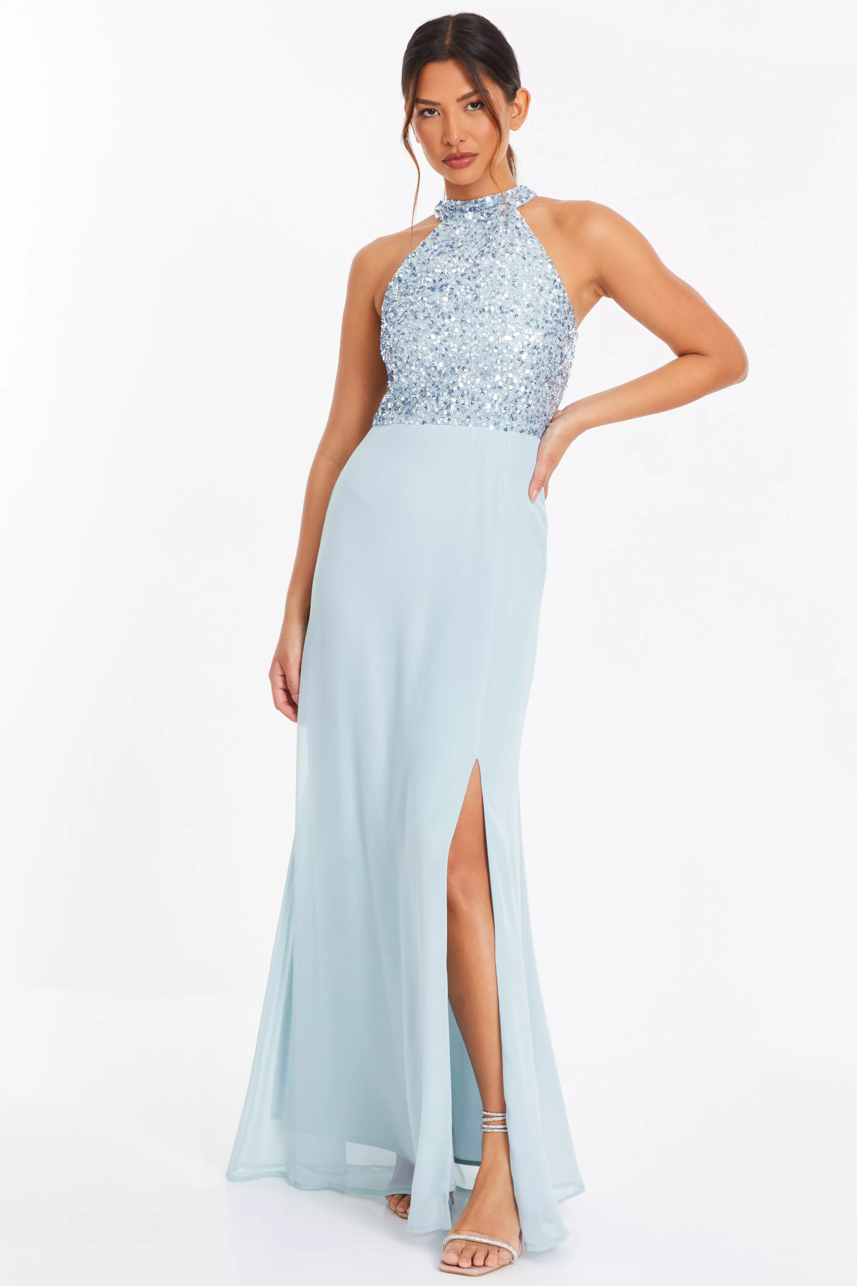 Light Blue Embellished Chiffon Maxi Dress 