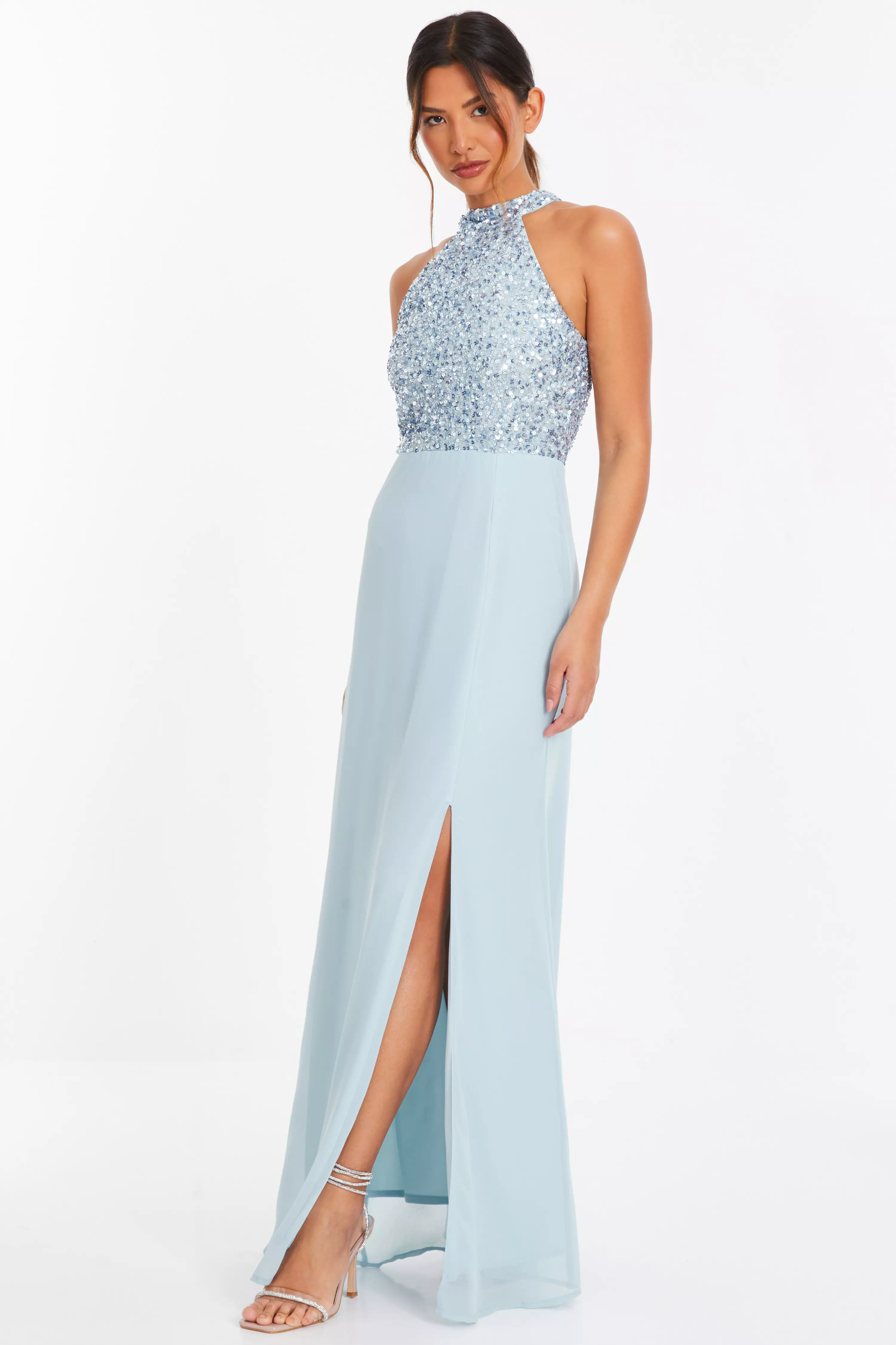 Light Blue Embellished Chiffon Maxi Dress 