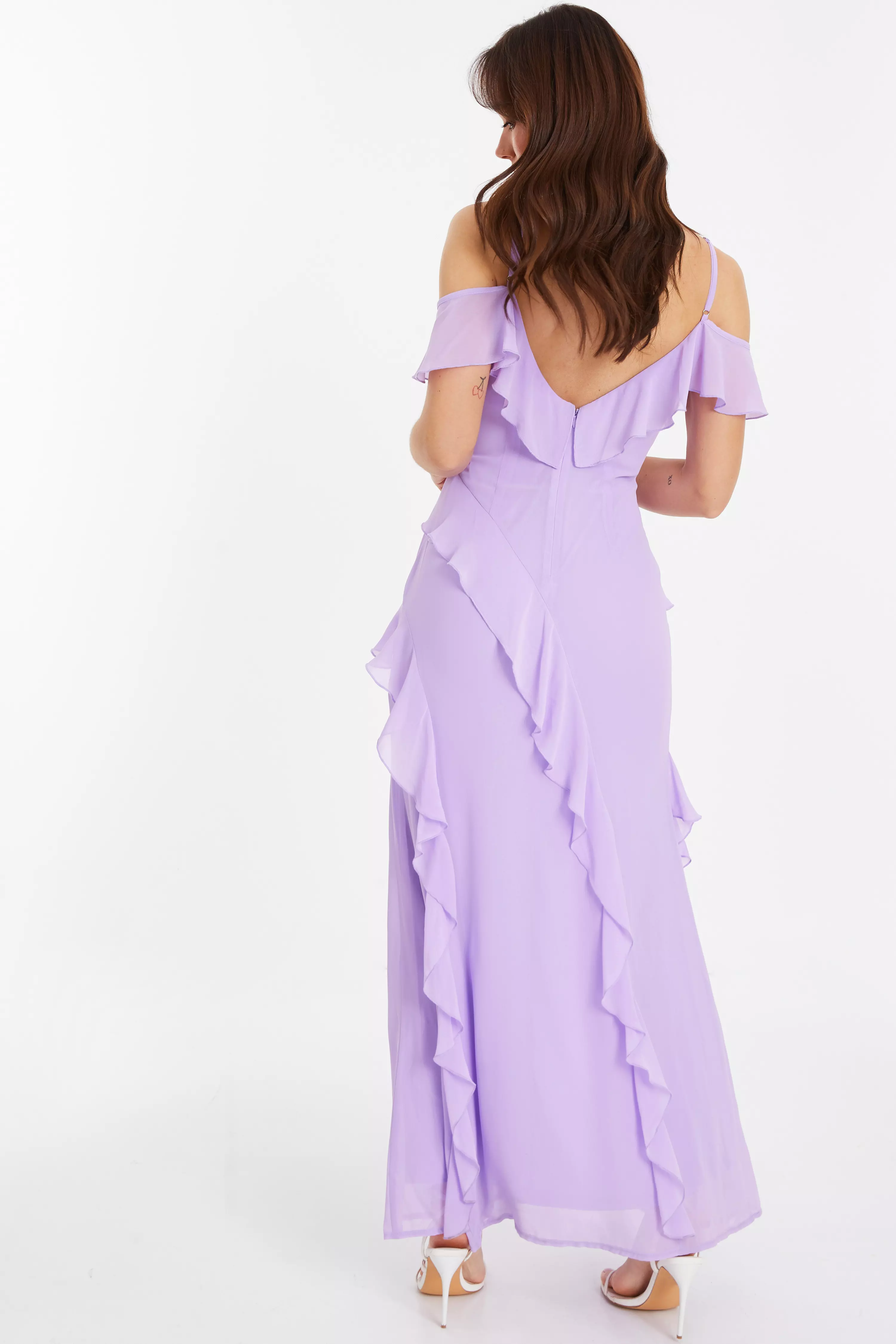 Lilac Chiffon Frill Drop Shoulder Maxi Dress