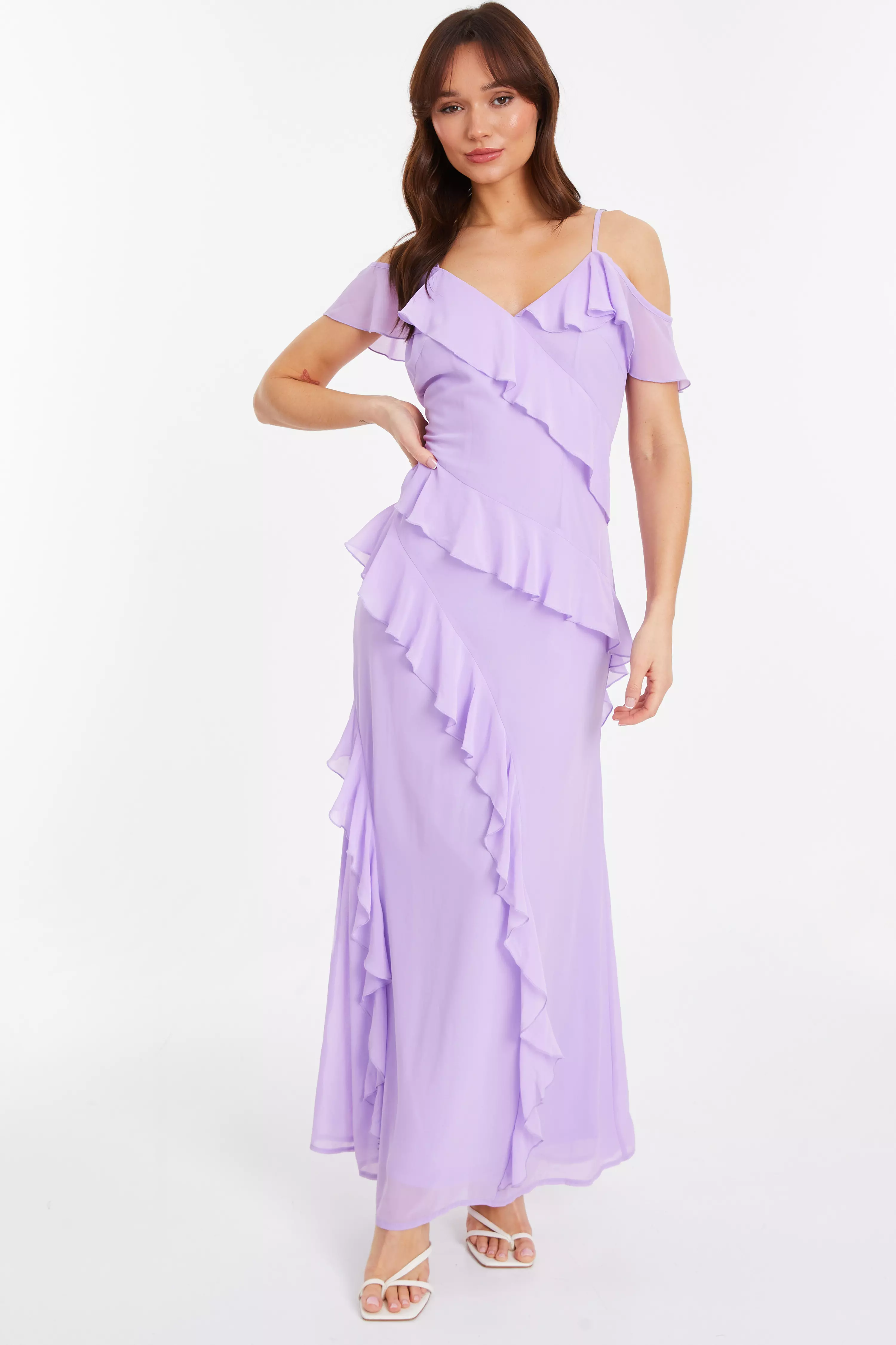 Lilac Chiffon Frill Drop Shoulder Maxi Dress