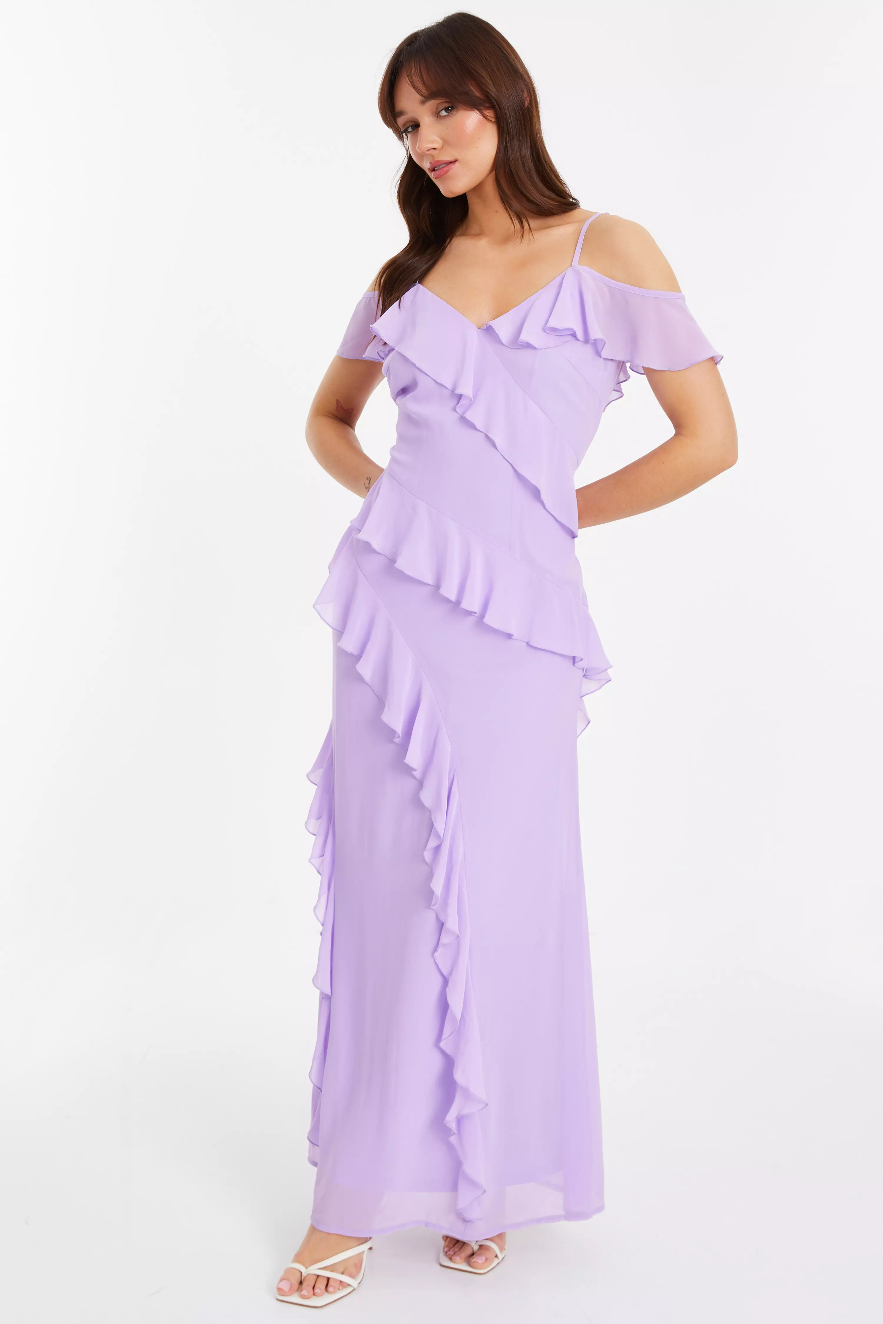 Lilac Chiffon Frill Drop Shoulder Maxi Dress