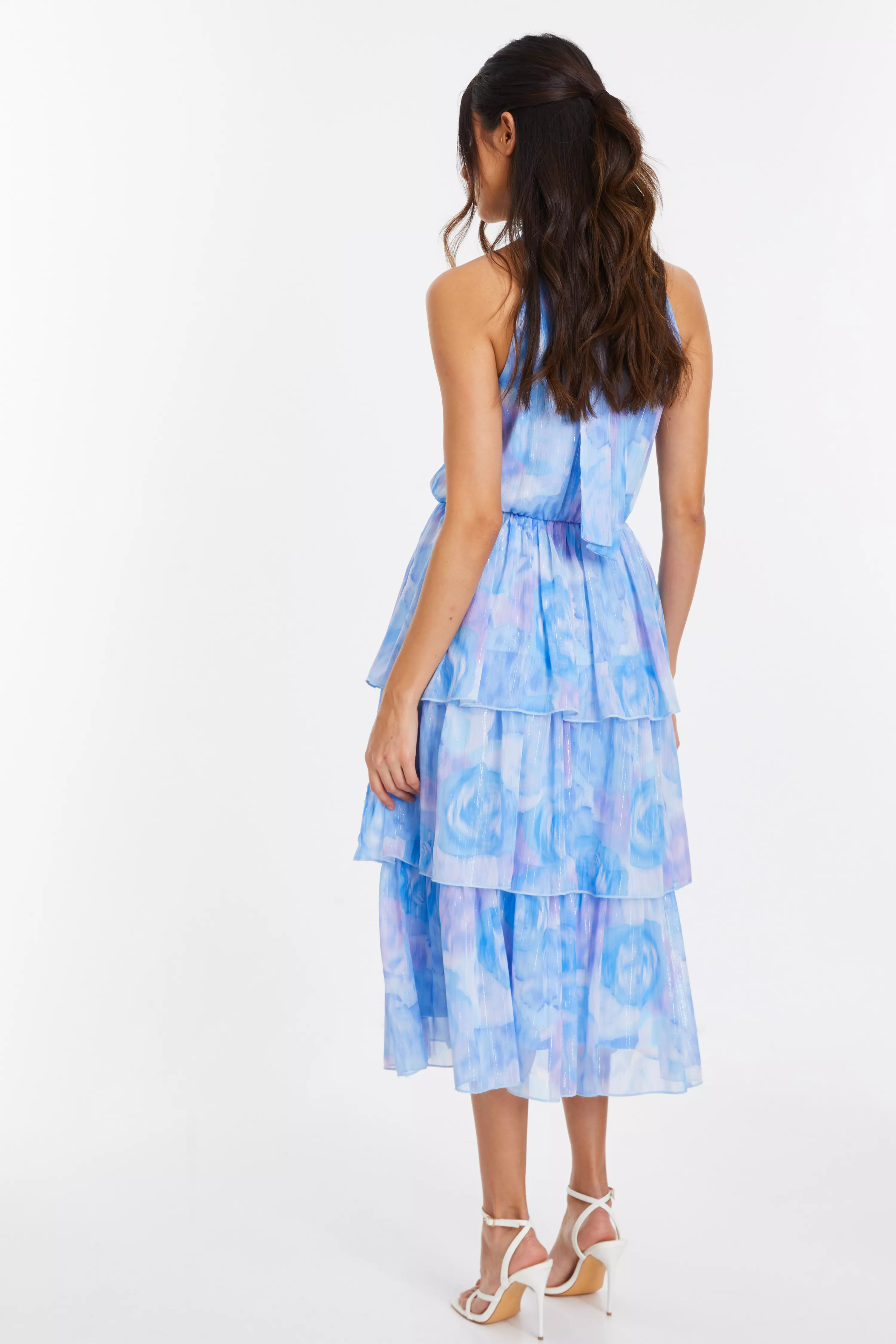 Light Blue Floral High Neck Tiered Midi Dress