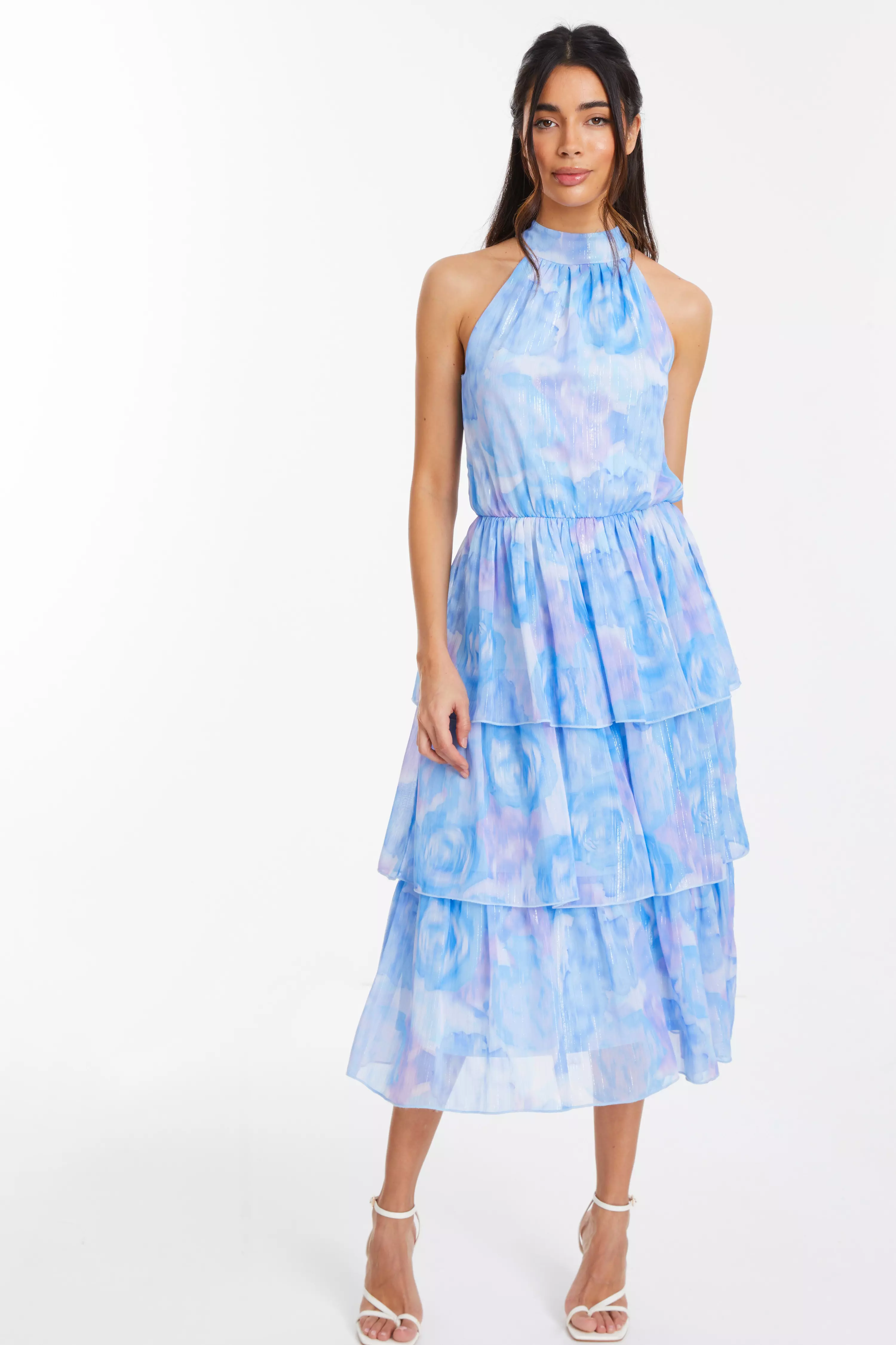 Light Blue Floral High Neck Tiered Midi Dress