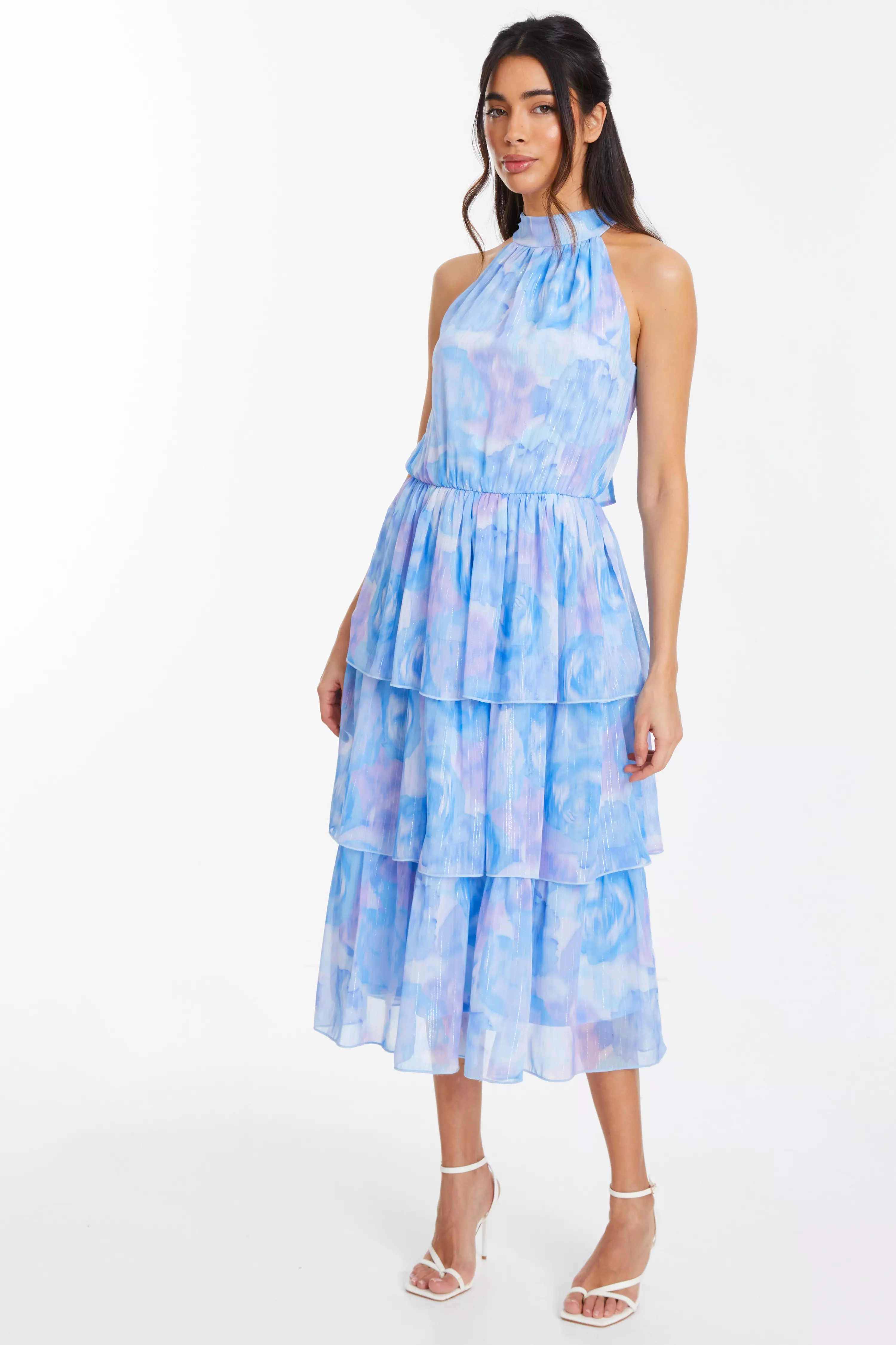 Light Blue Floral High Neck Tiered Midi Dress