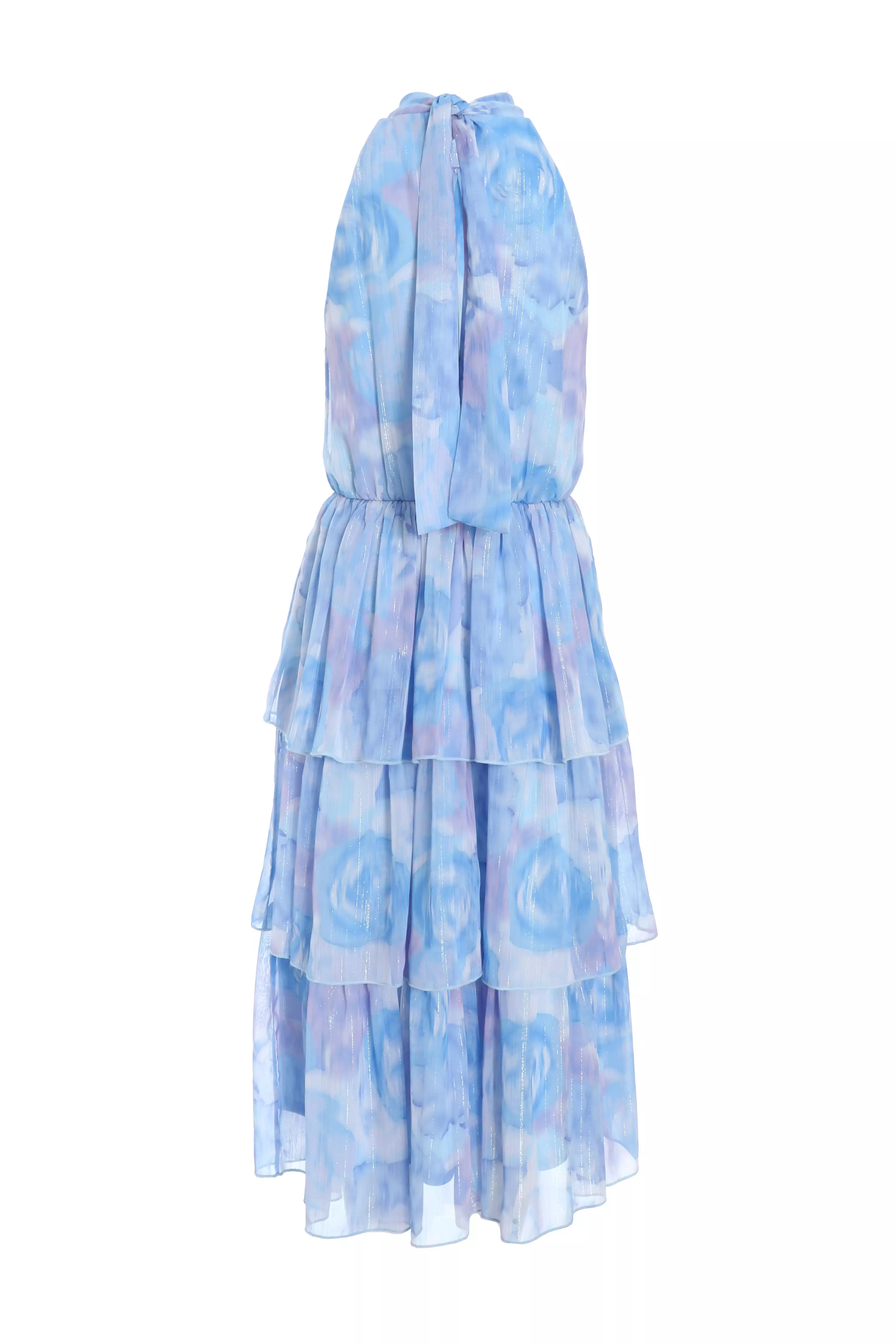 Light Blue Floral High Neck Tiered Midi Dress