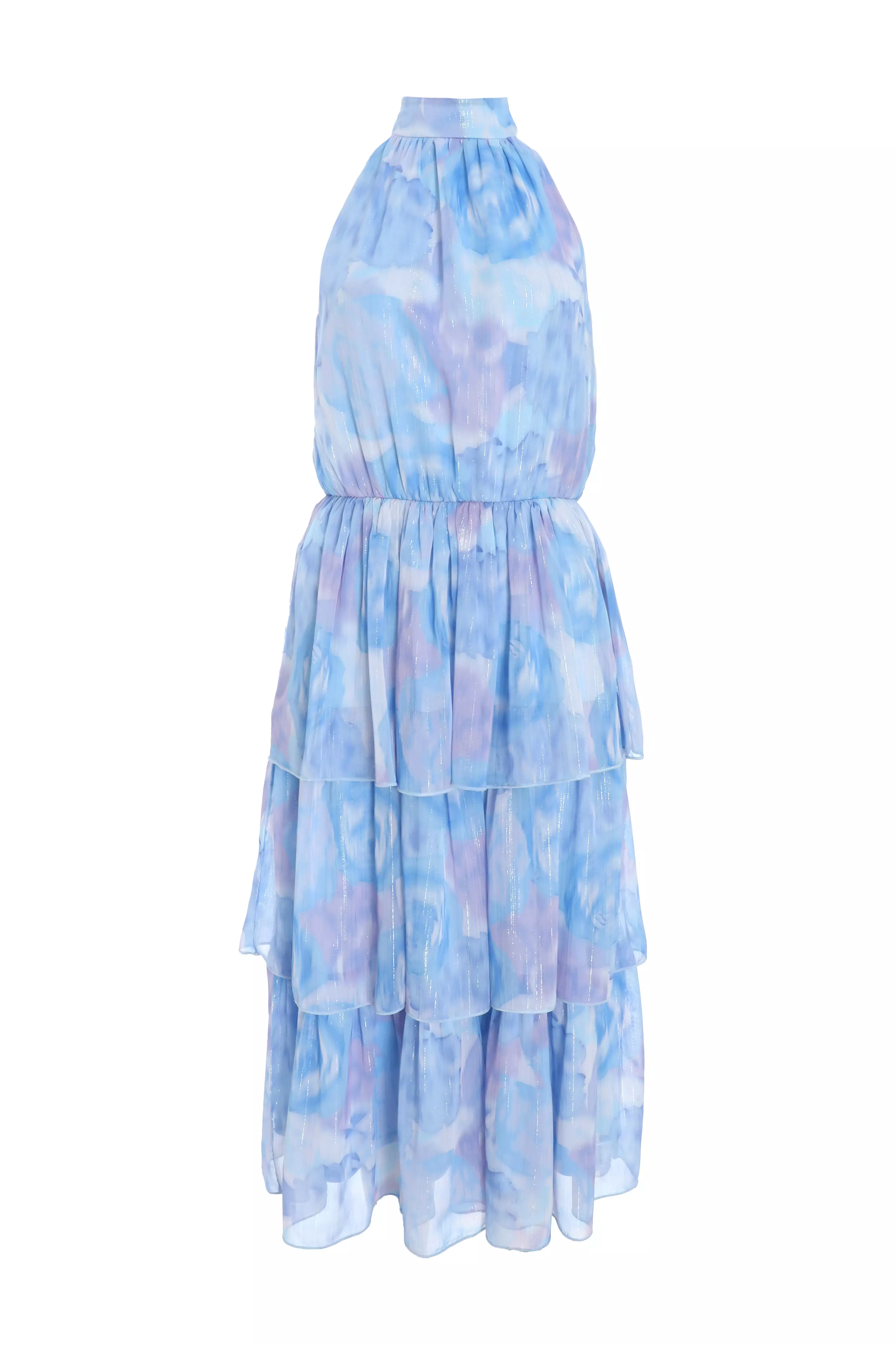 Light Blue Floral High Neck Tiered Midi Dress