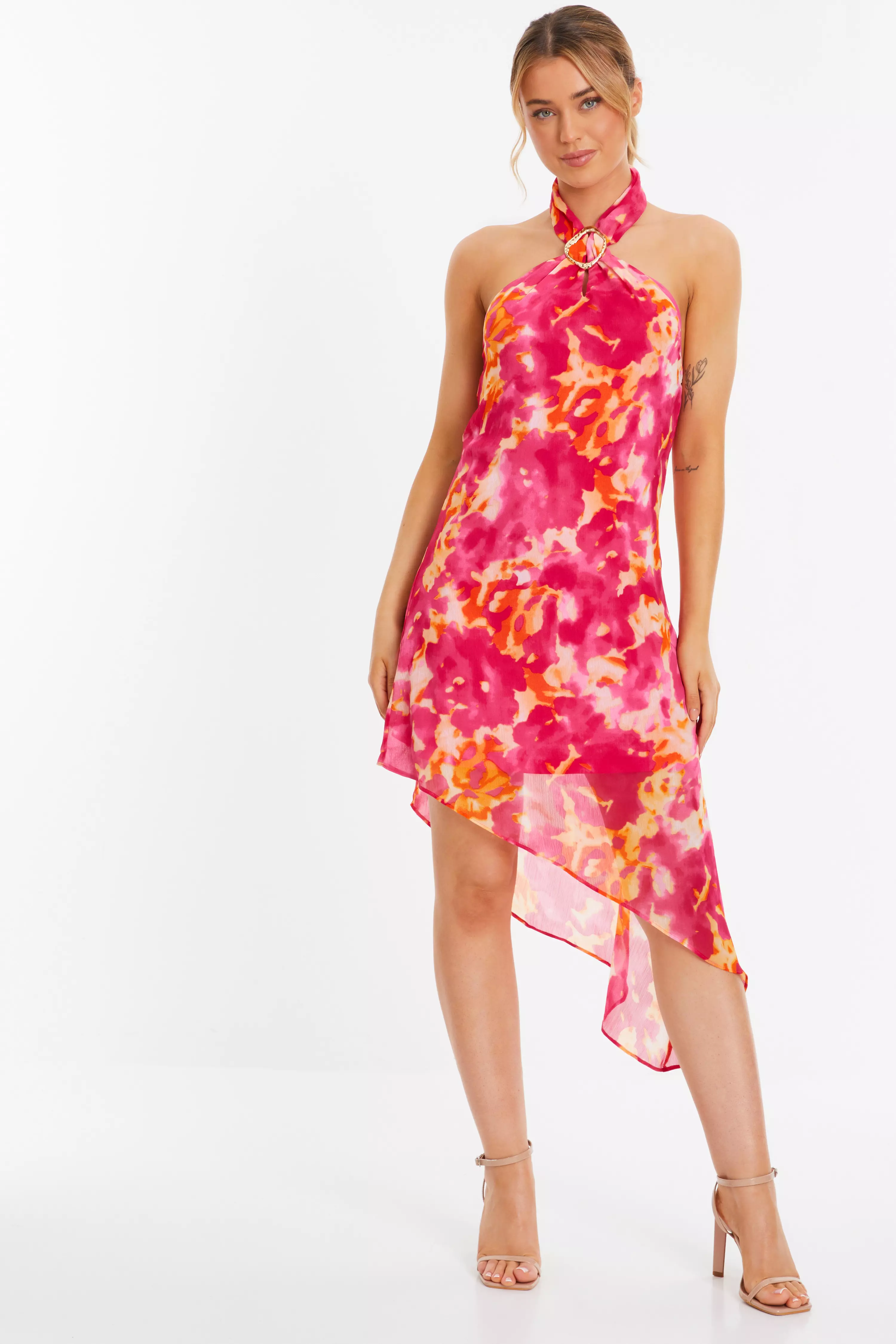 Pink Abstract Print Chiffon Asymmetric Mini Dress