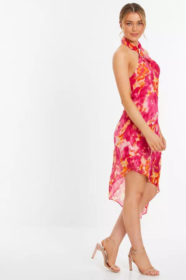 Pink Abstract Print Chiffon Asymmetric Mini Dress