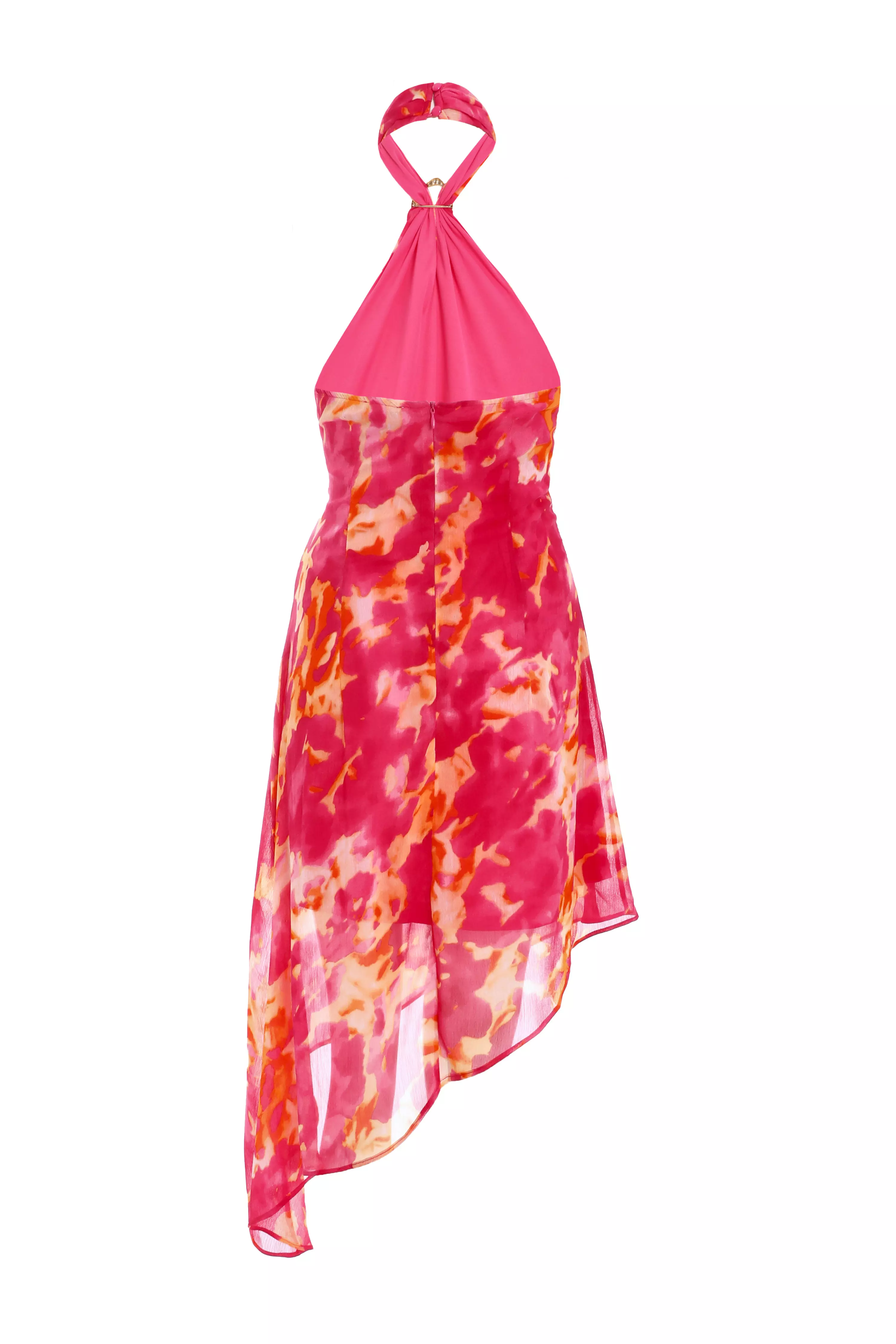 Pink Abstract Print Chiffon Asymmetric Mini Dress