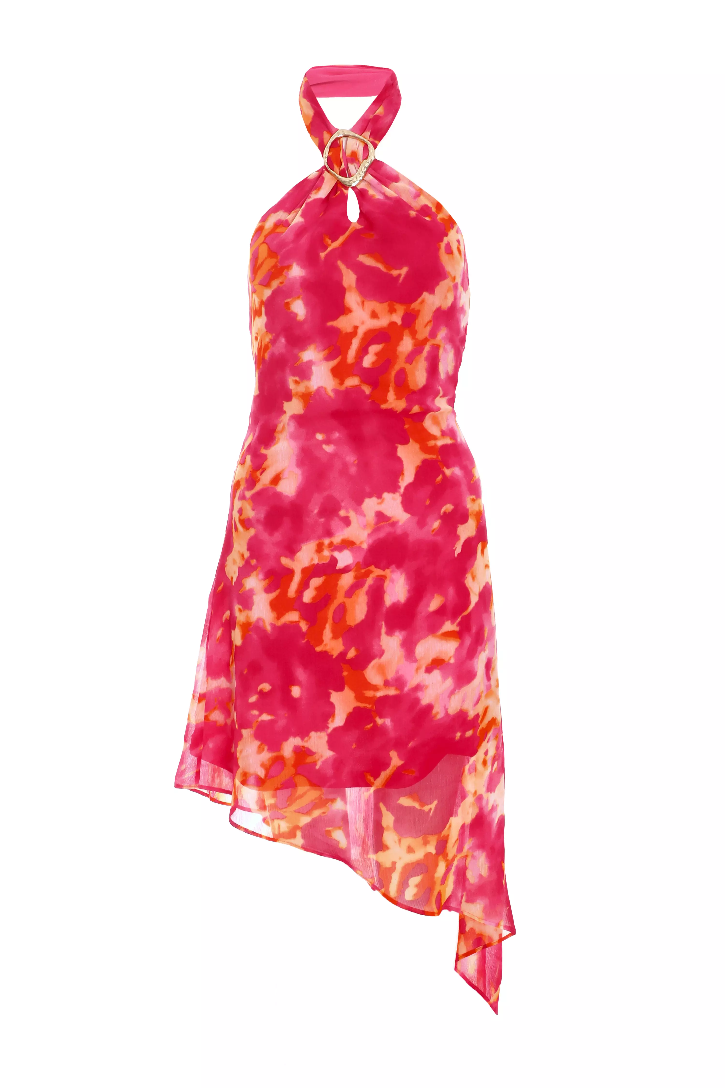 Pink Abstract Print Chiffon Asymmetric Mini Dress