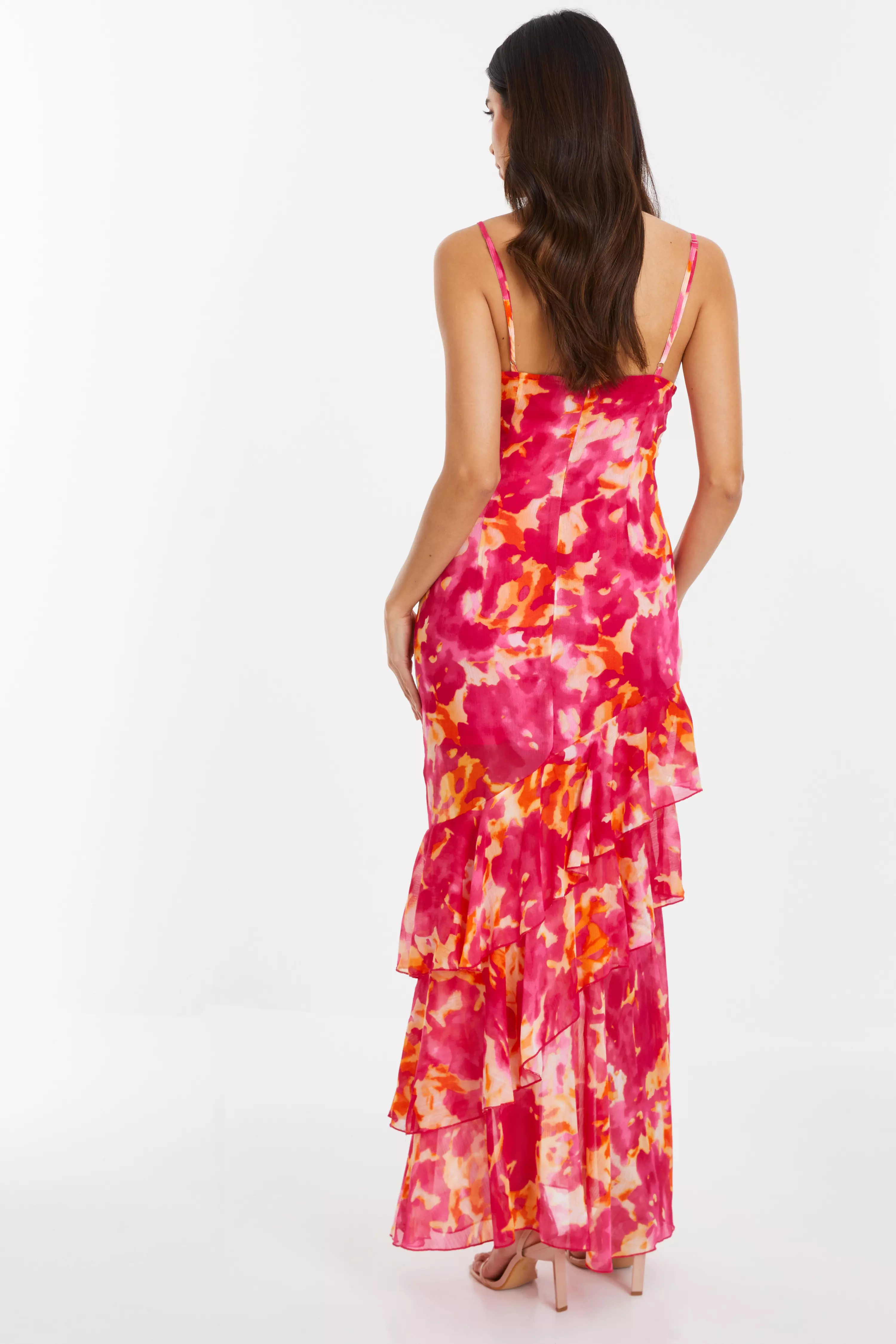 Pink Abstract Print Chiffon Frill Hem Maxi Dress