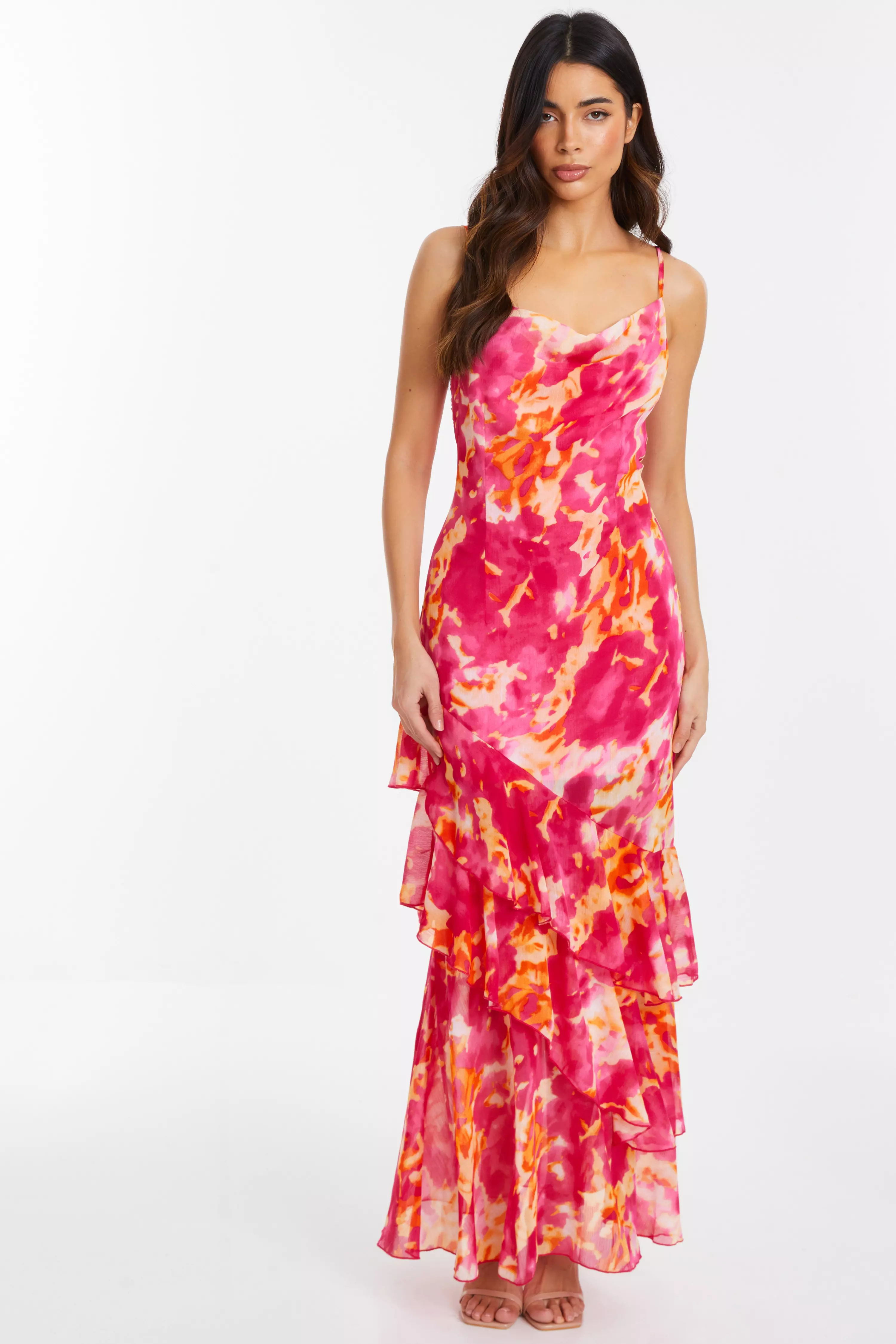 Pink Abstract Print Chiffon Frill Hem Maxi Dress