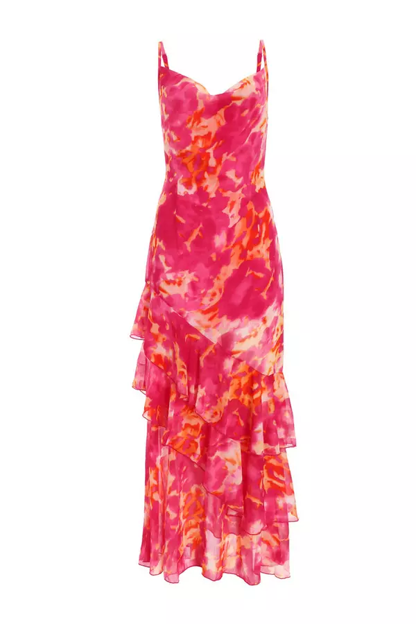 Pink Abstract Print Chiffon Frill Hem Maxi Dress