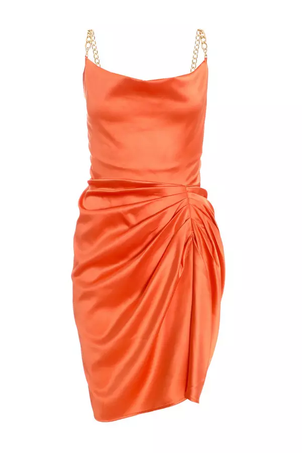 Orange Satin Ruched Mini Dress