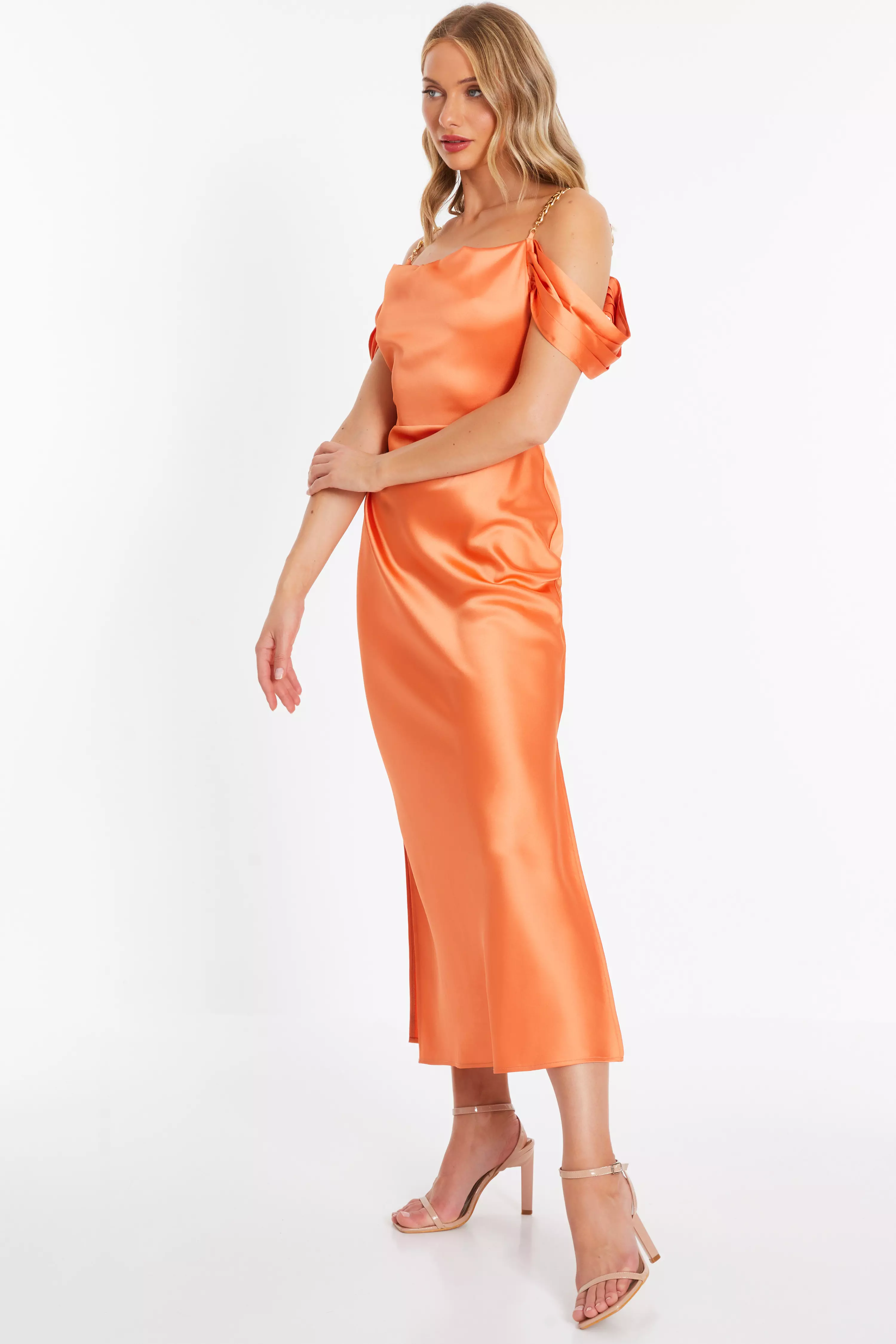 Orange Satin Drop Shoulder Midaxi Dress