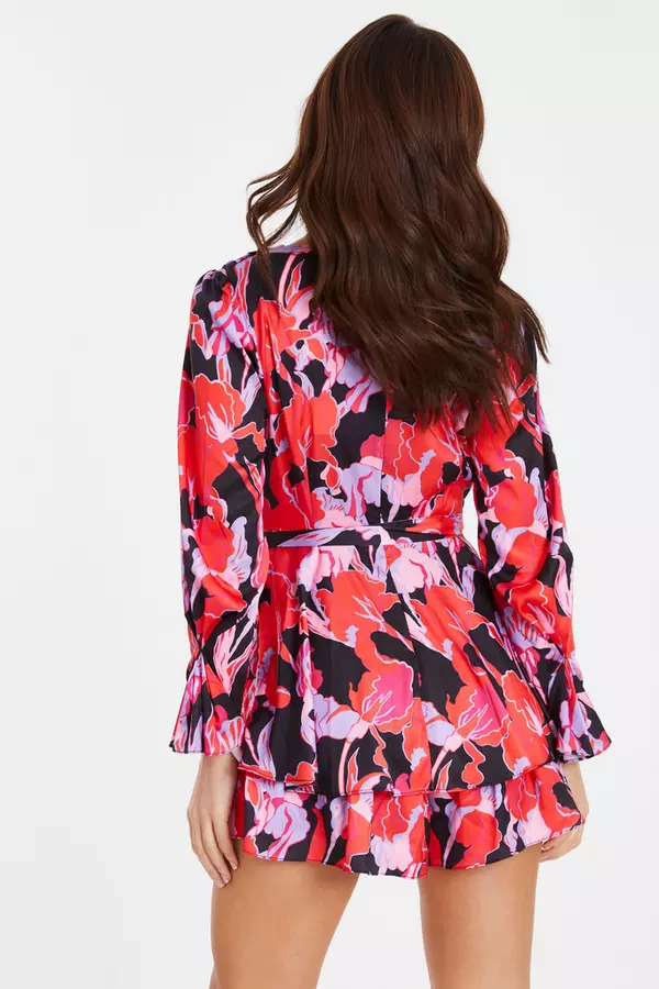 Red Floral Satin Wrap Playsuit