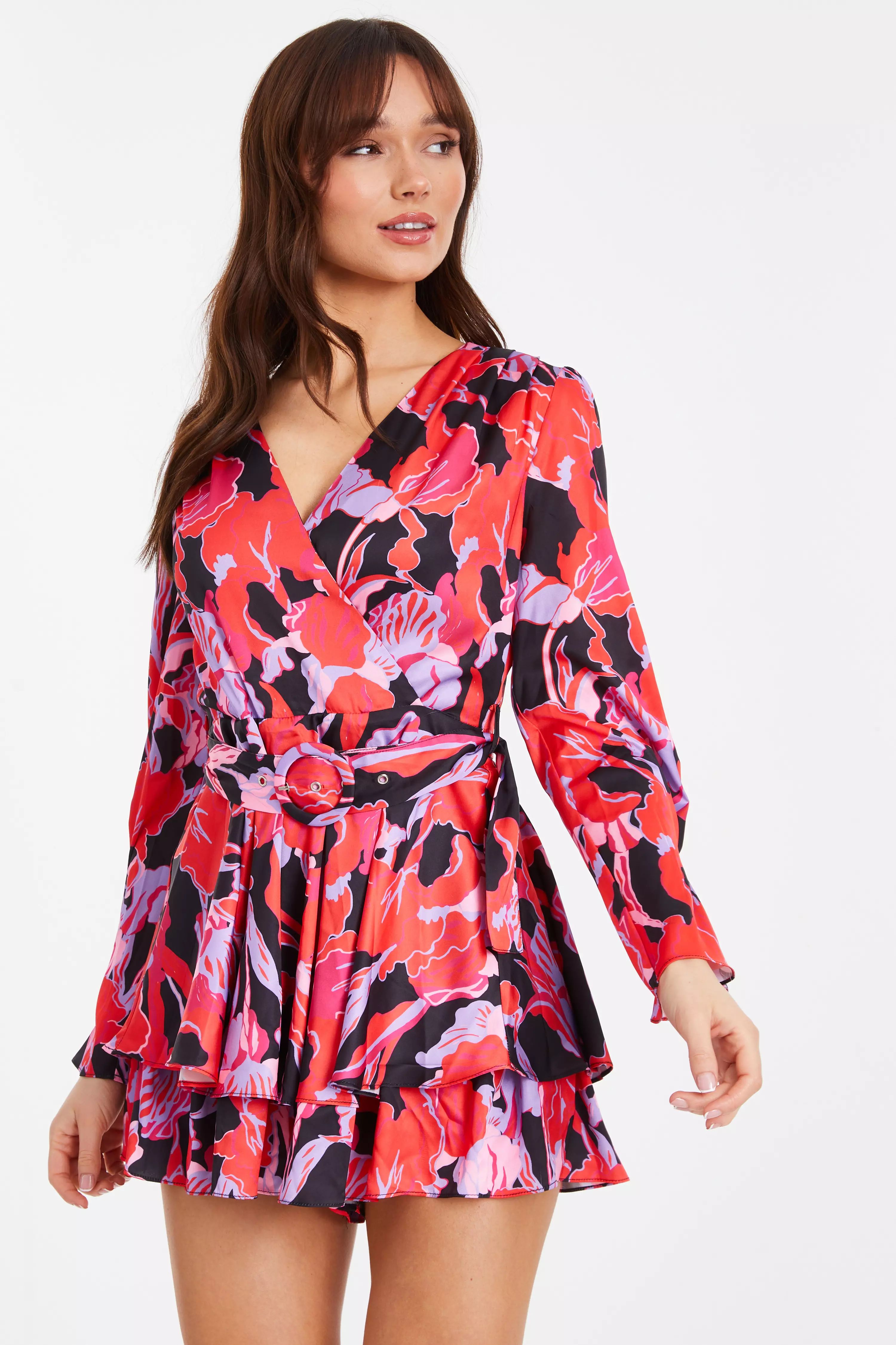 Red Floral Satin Wrap Playsuit