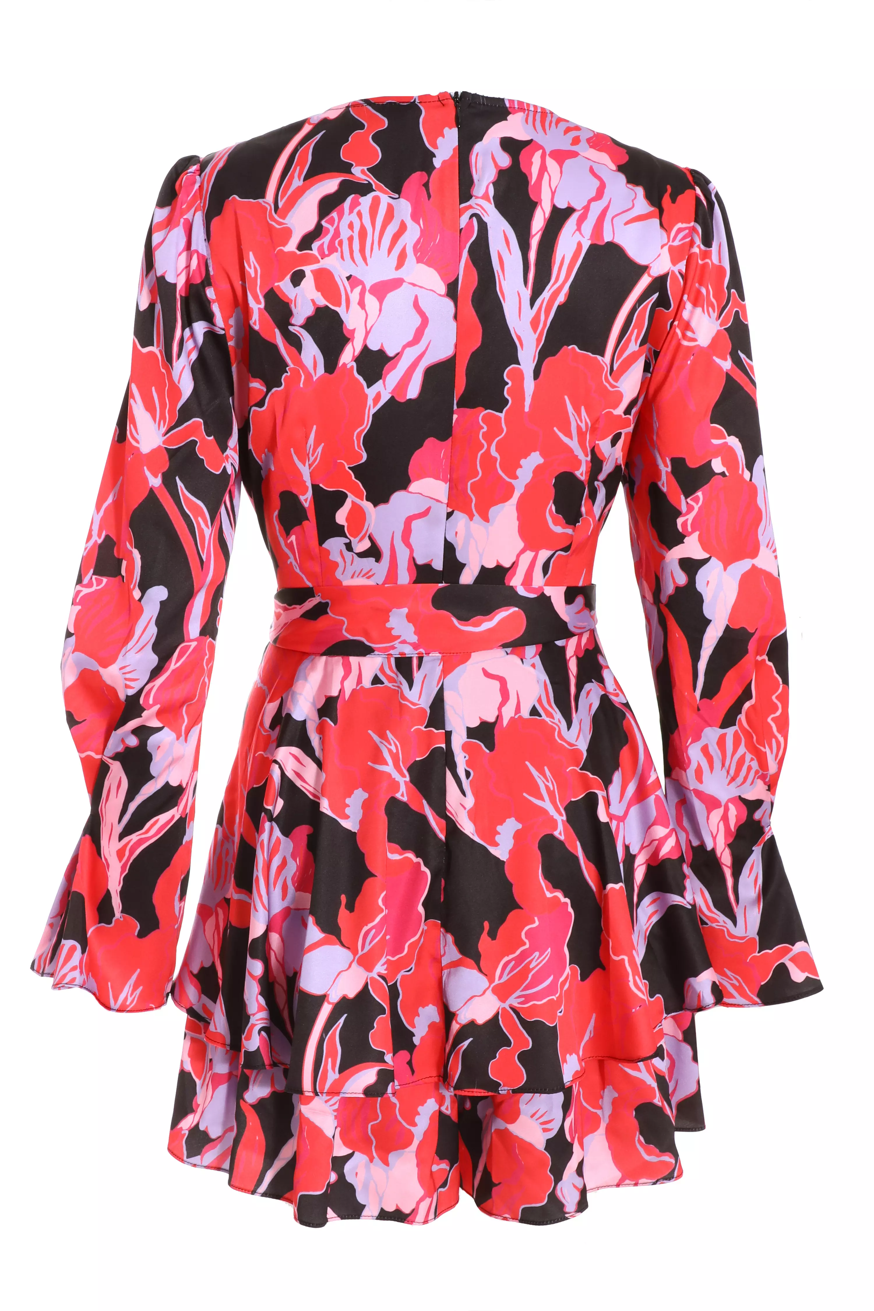 Red Floral Satin Wrap Playsuit