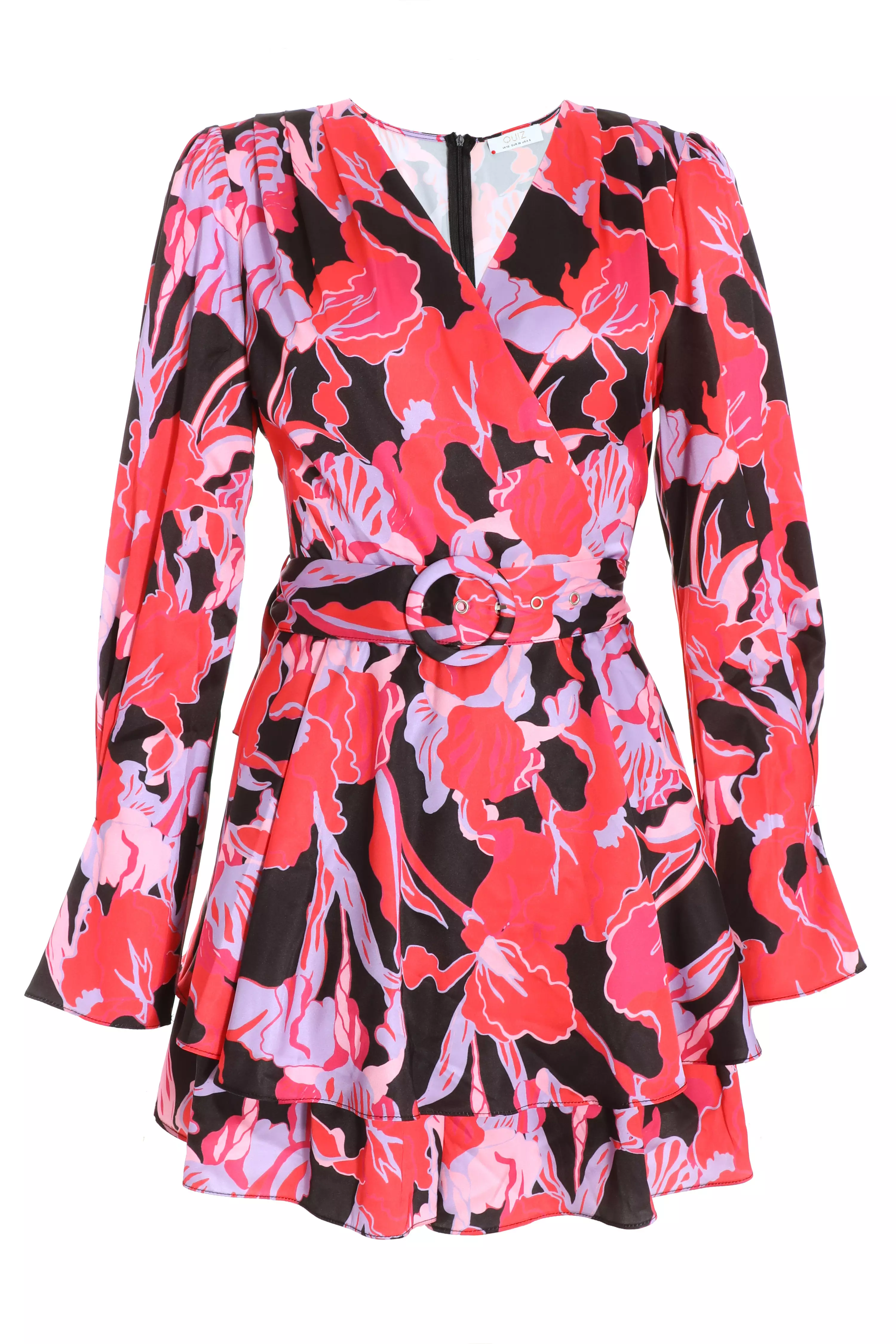 Red Floral Satin Wrap Playsuit