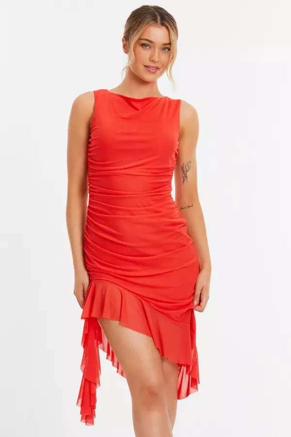 Red Mesh Frill Mini Dress