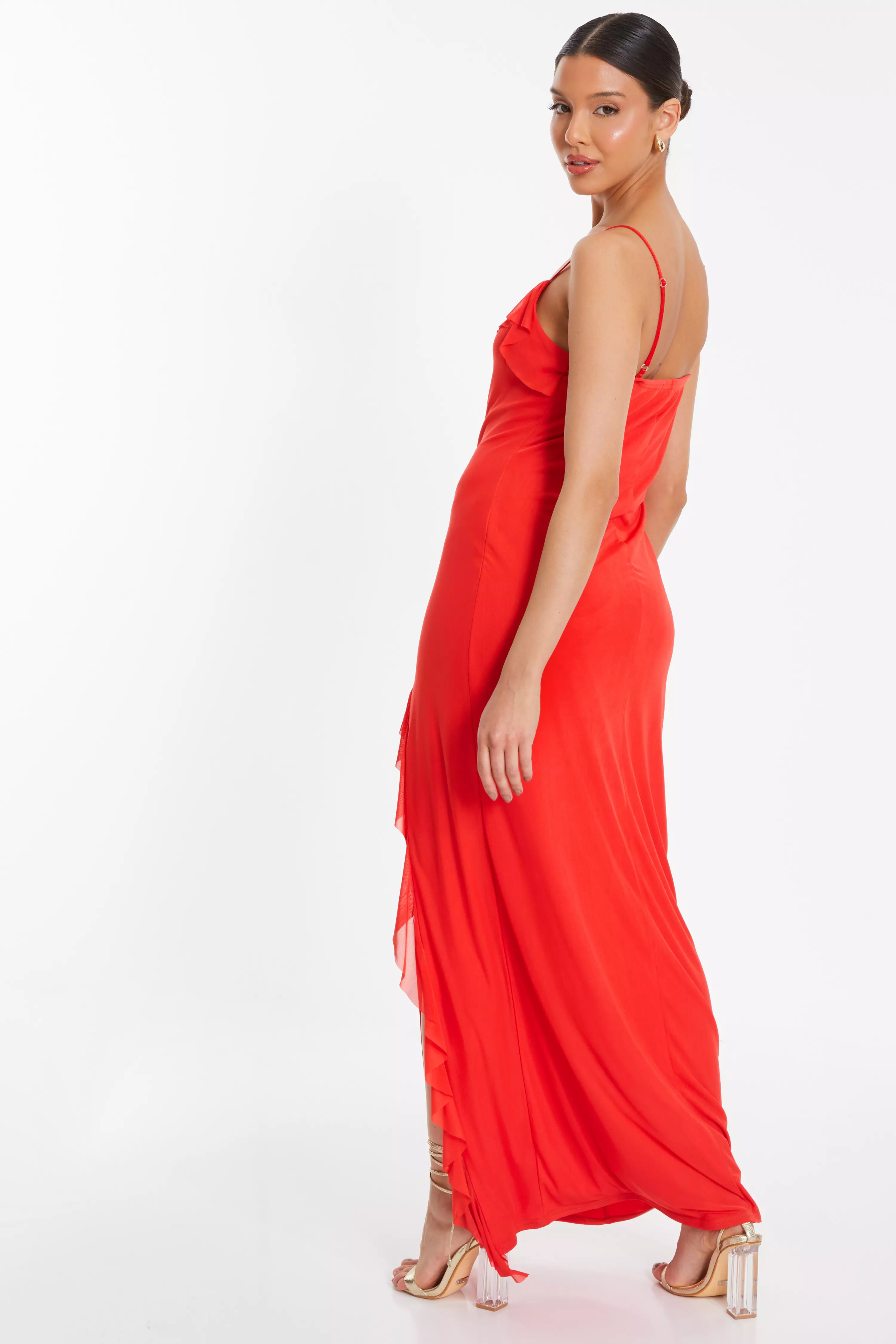 Red Mesh Ruffle Maxi Dress