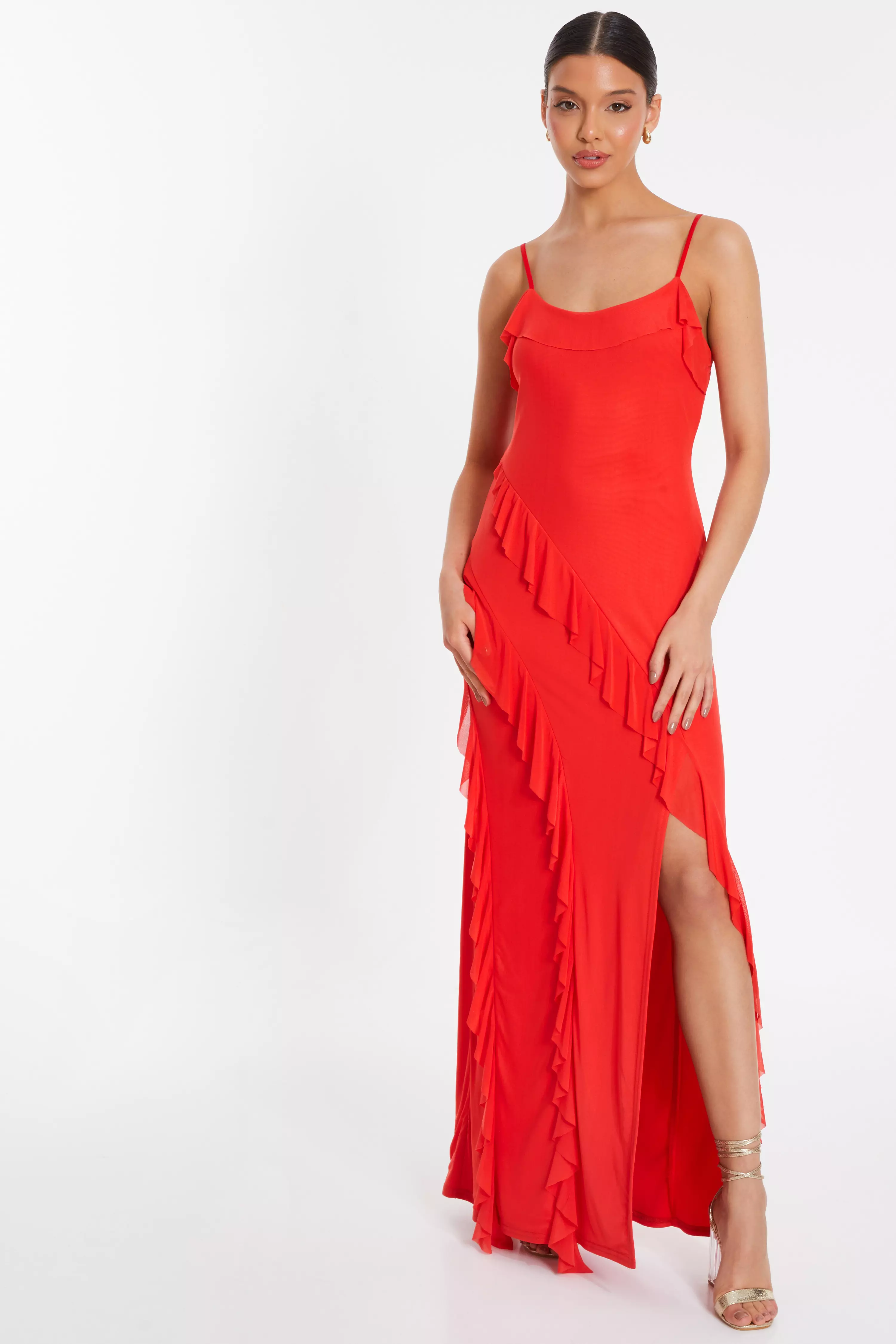 Red Mesh Ruffle Maxi Dress