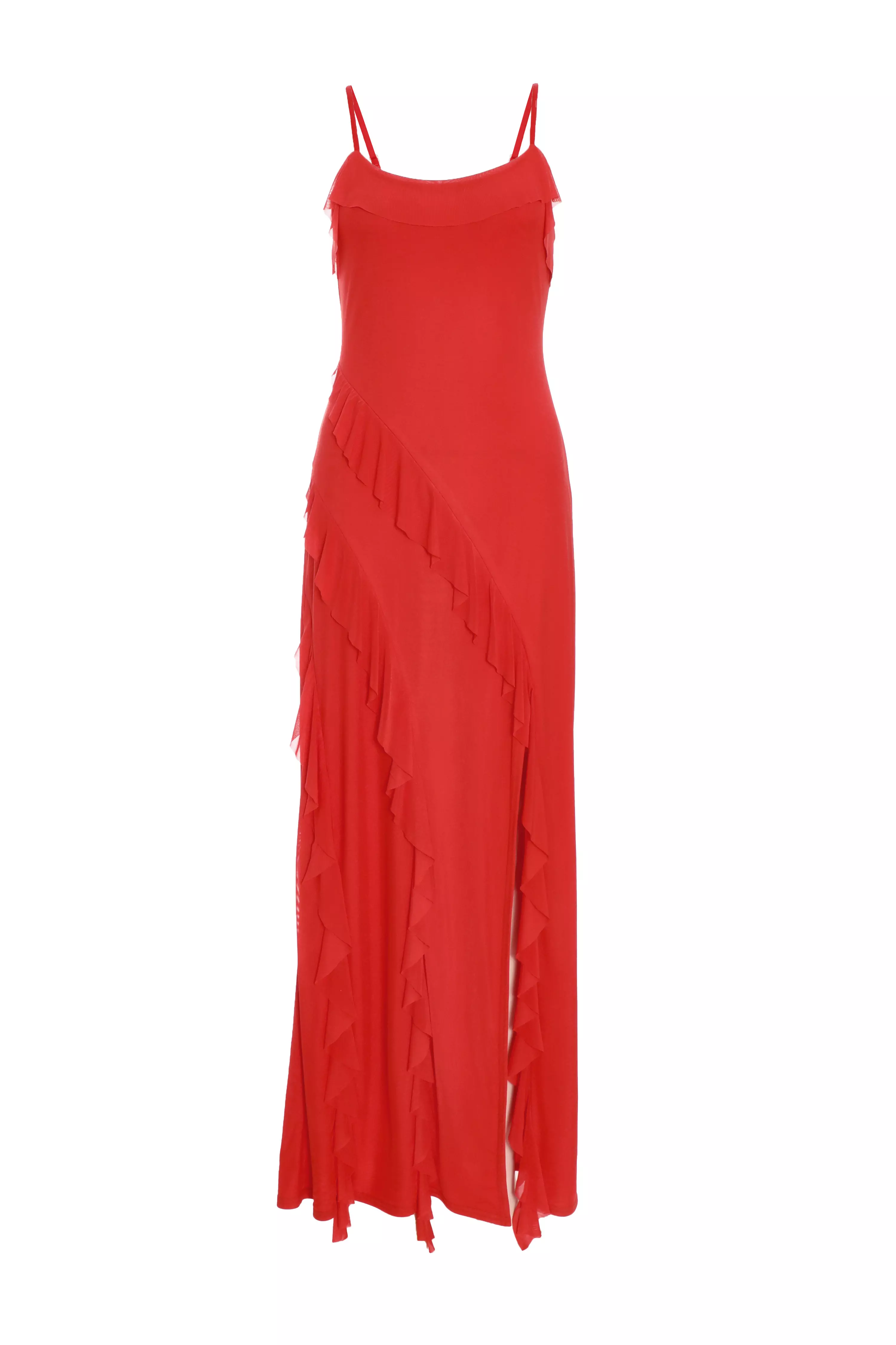 Red Mesh Ruffle Maxi Dress