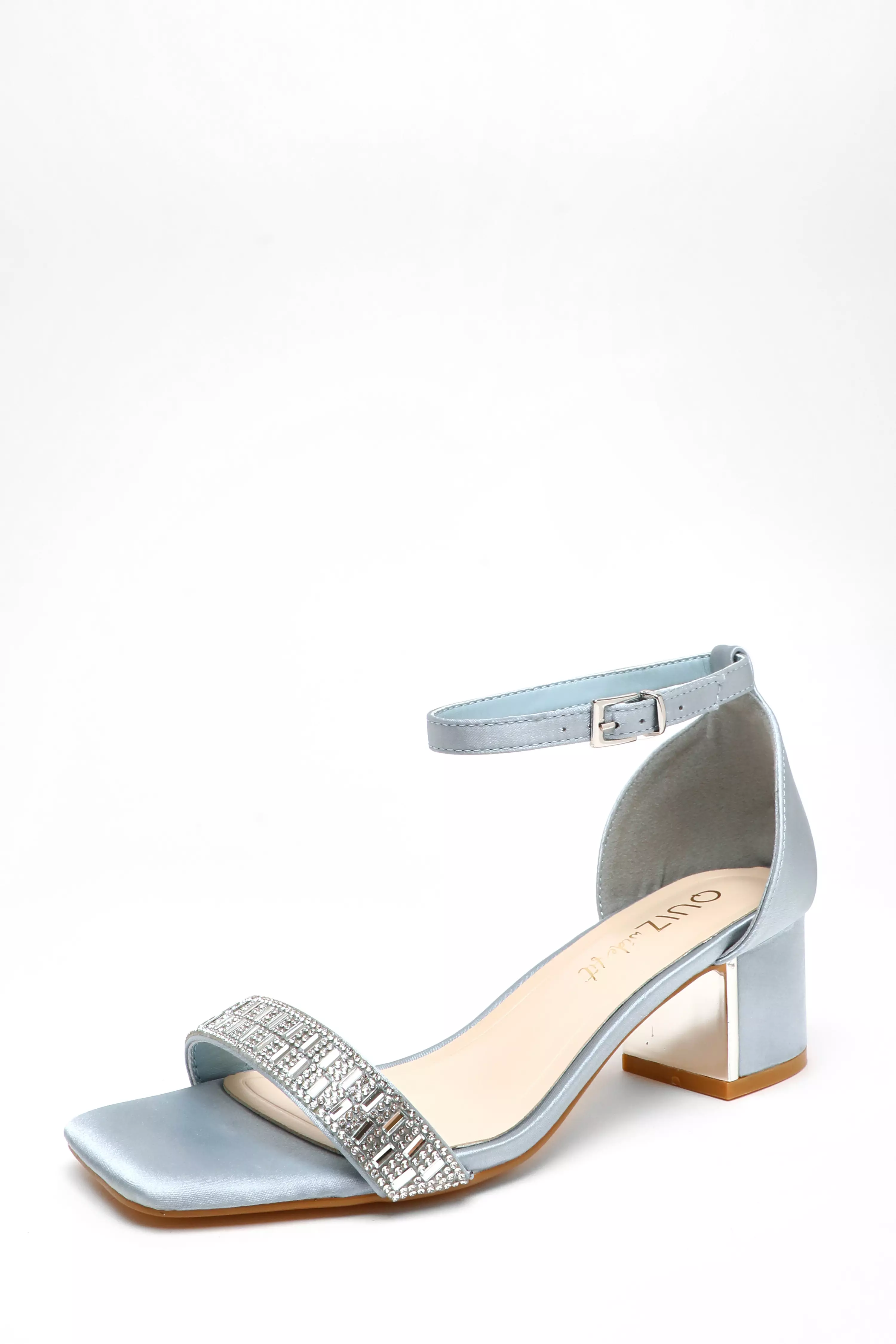 Wide Fit Light Blue Satin Low Block Heel Sandals