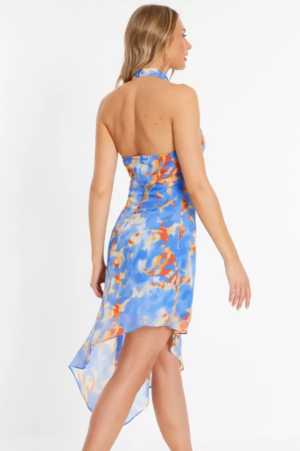 Blue Abstract Print Chiffon Asymmetric Mini Dress