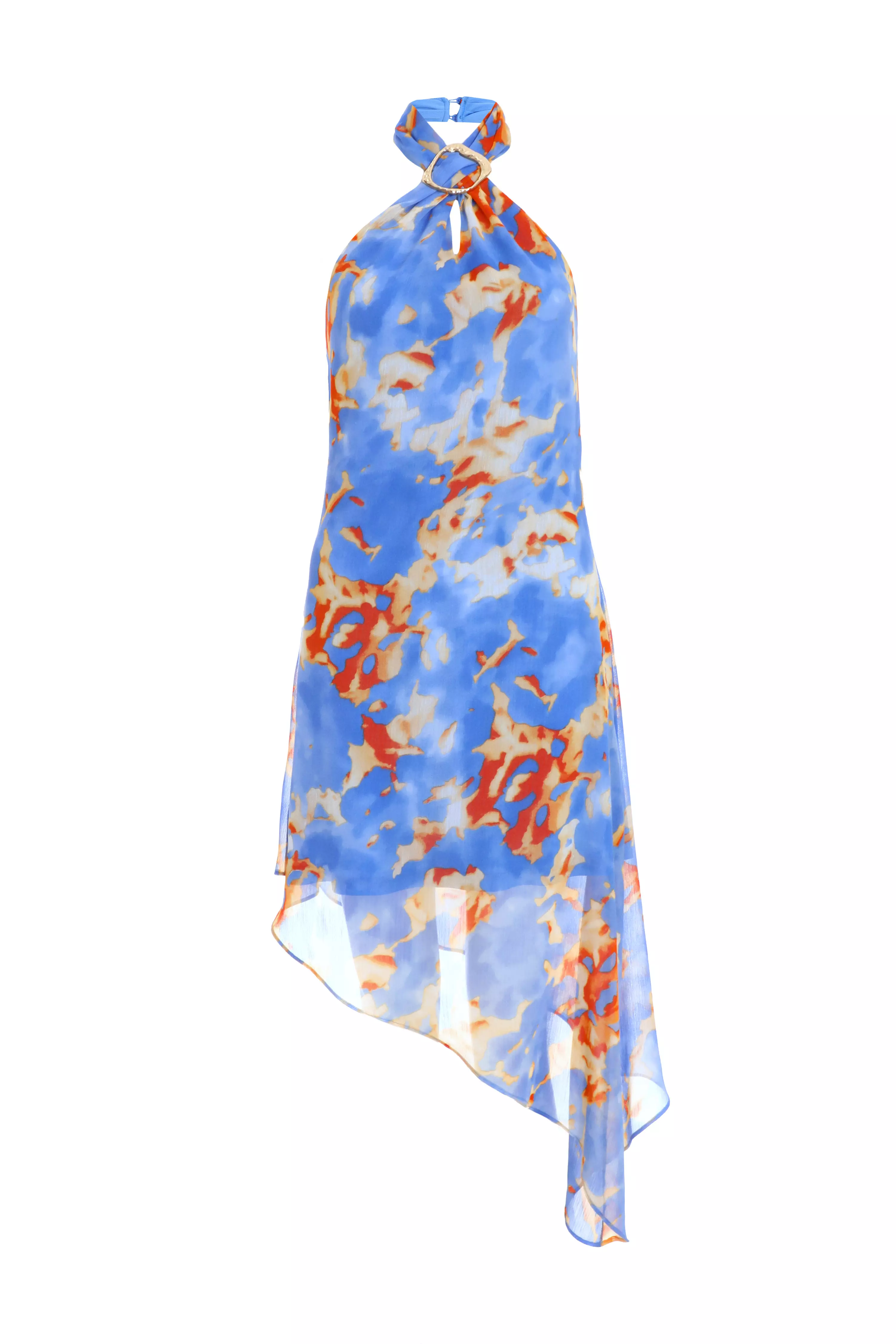 Blue Abstract Print Chiffon Asymmetric Mini Dress