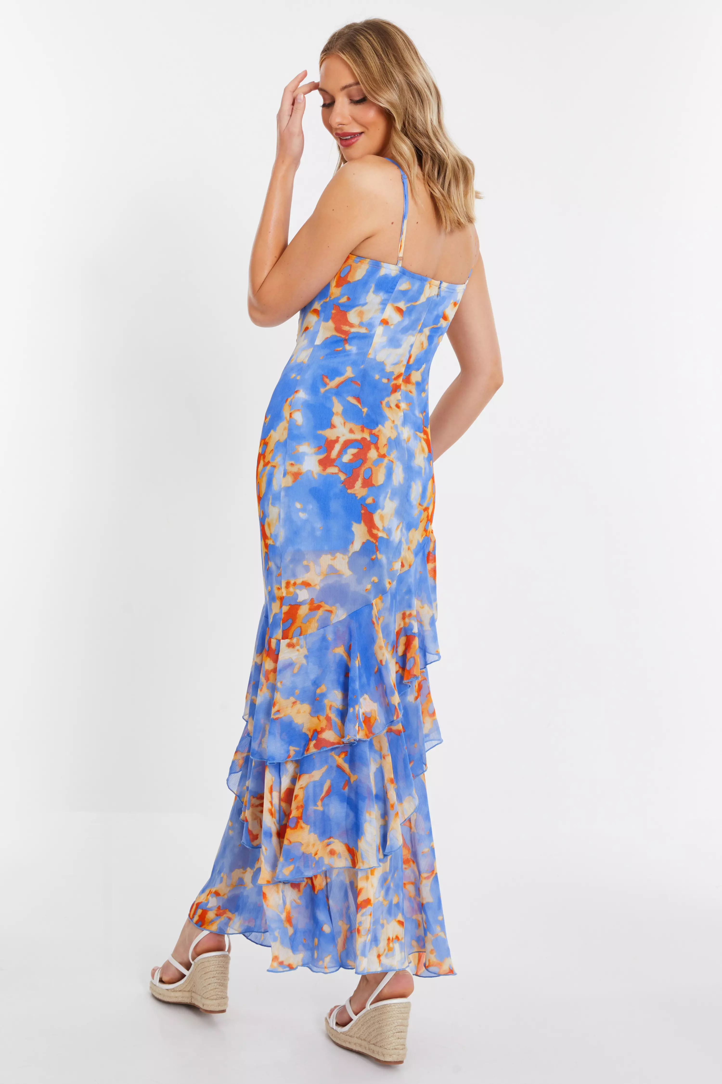 Blue Abstract Print Chiffon Frill Hem Maxi Dress