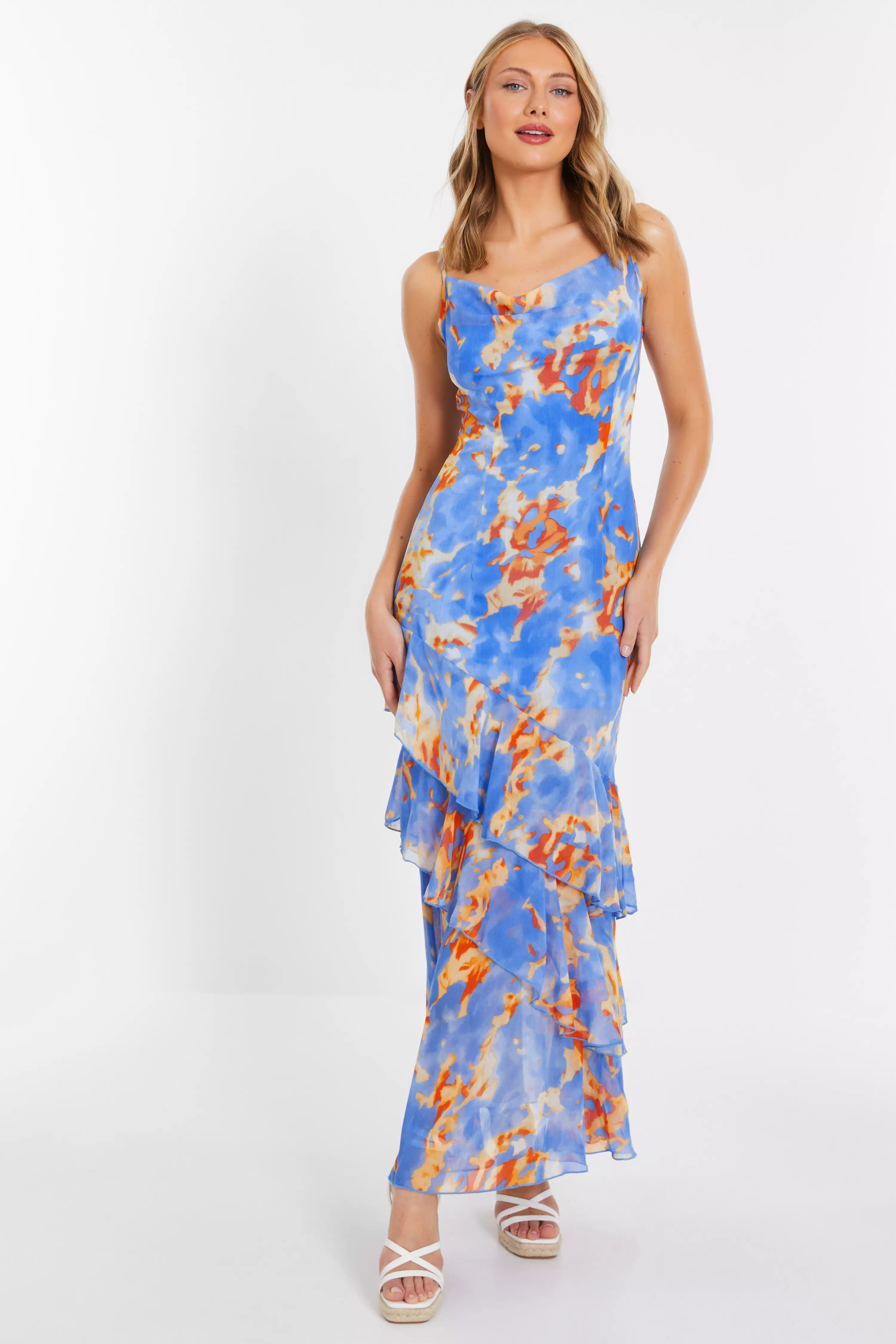 Blue Abstract Print Chiffon Frill Hem Maxi Dress