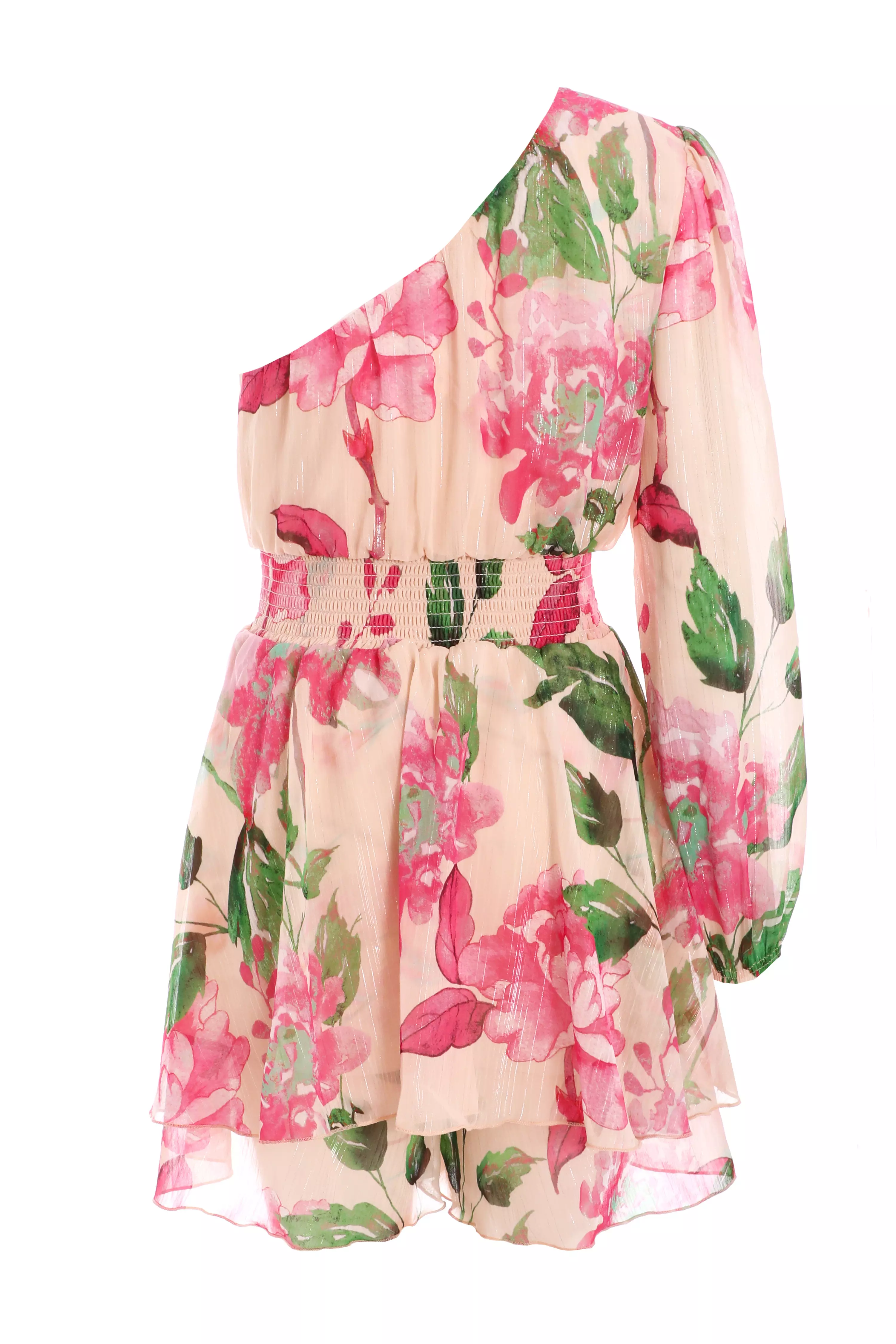 Nude Floral One Shoulder Chiffon Playsuit