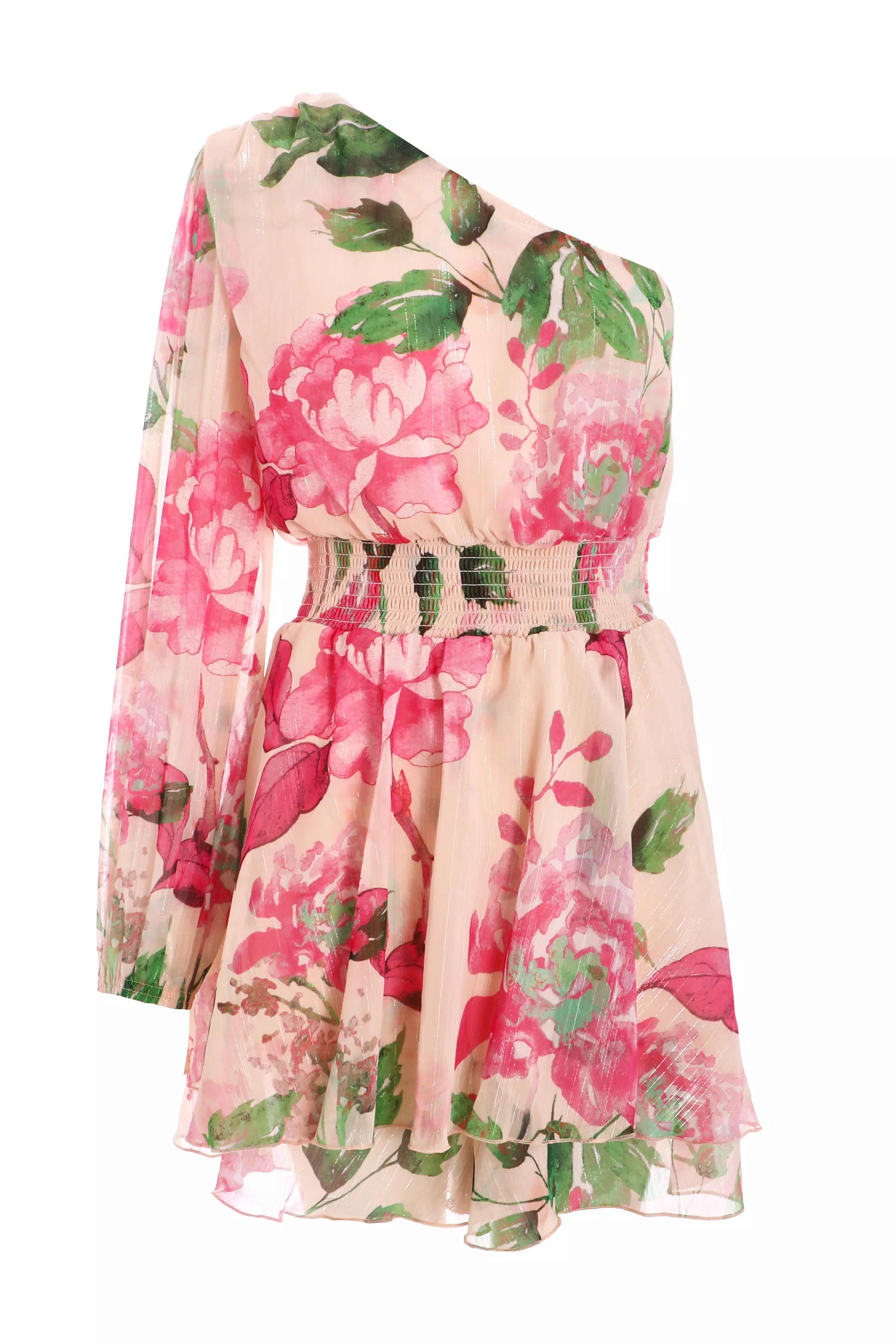 Nude Floral One Shoulder Chiffon Playsuit