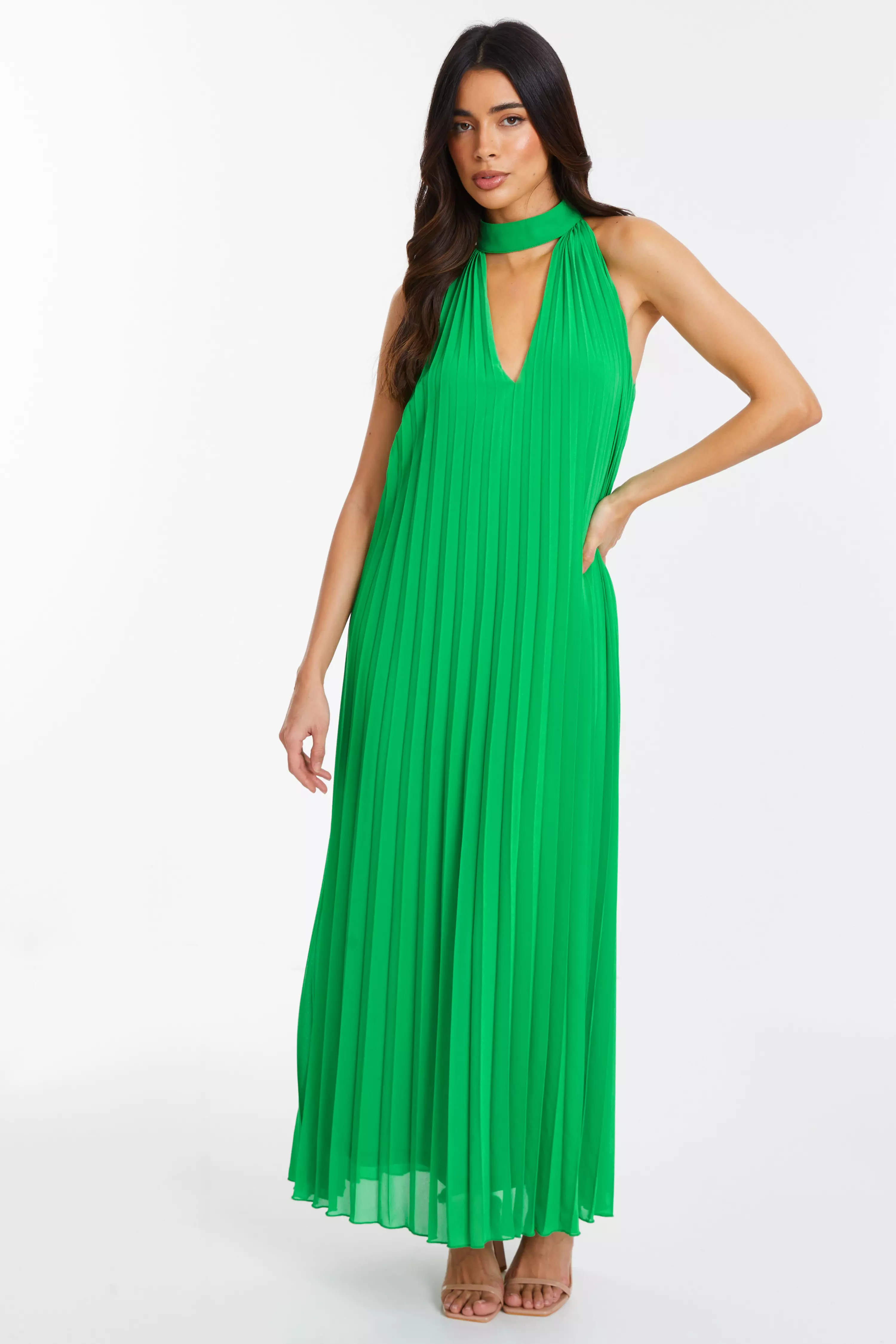 Green Chiffon Pleated Maxi Dress