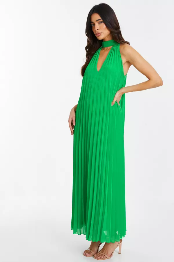 Green Chiffon Pleated Maxi Dress